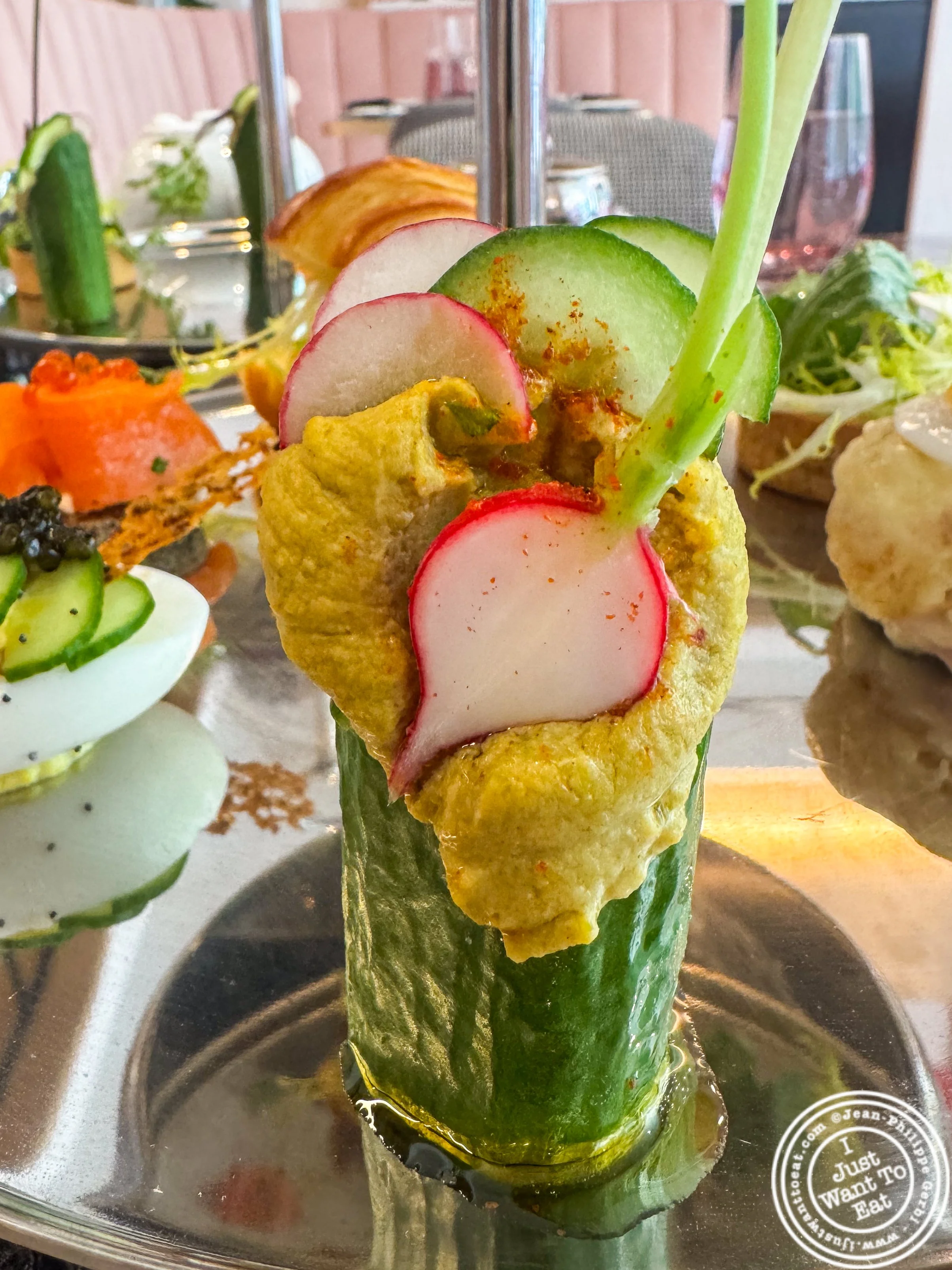 Hummus, radish and cucumber at Fauchon Bryant Park in NYC, NY