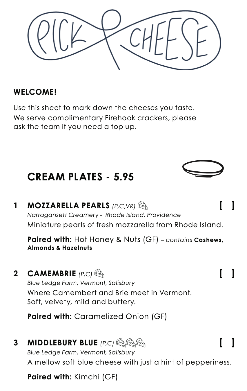 Menu at Pick & Cheese NYC