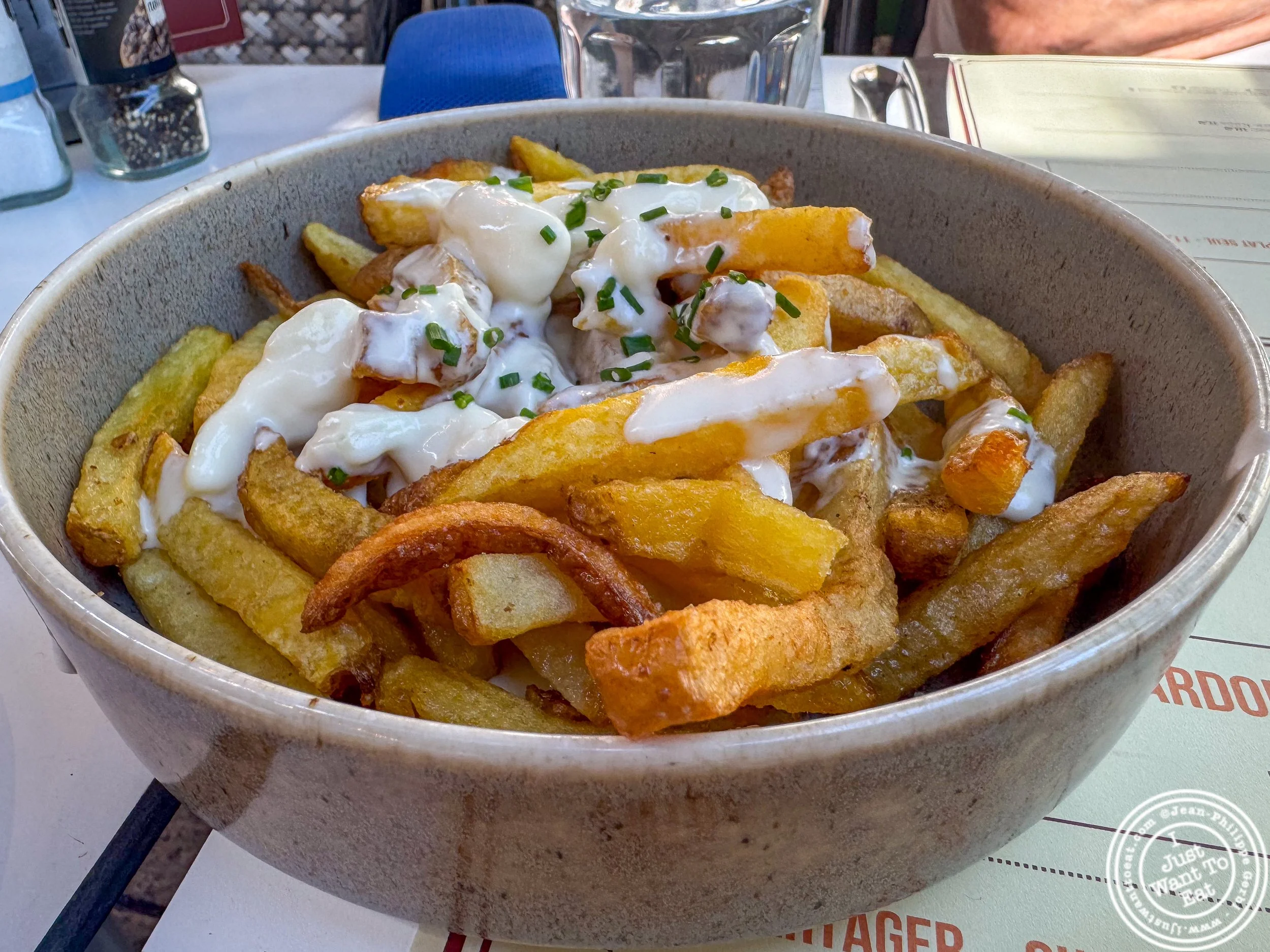 Fries topped with Saint Marcelin cheese at Bouillon Grenette in Grenoble, France
