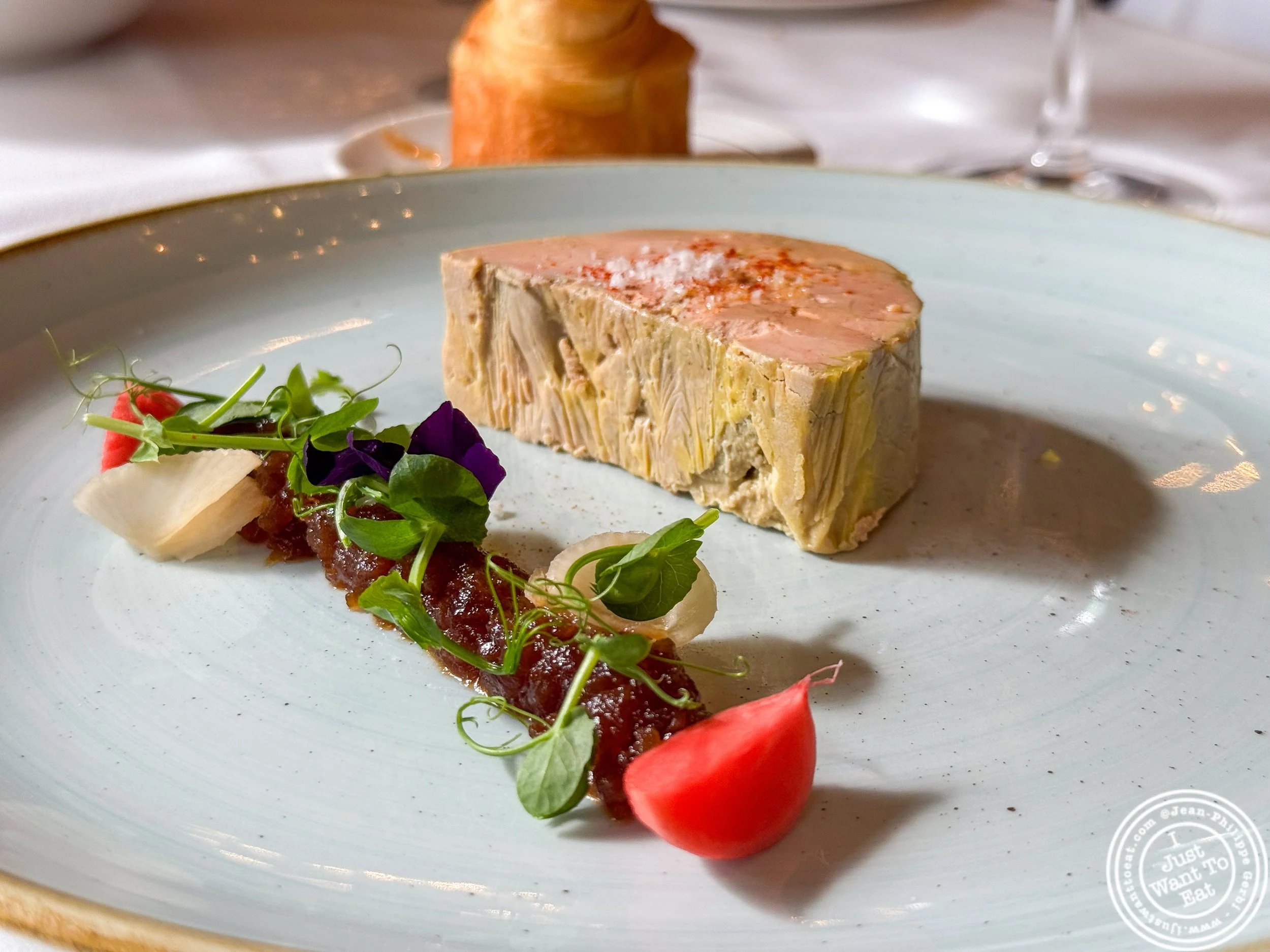 roth-cooked duck foie gras, white radish chutney, jellied consommé at Le Train Bleu, Paris, France
