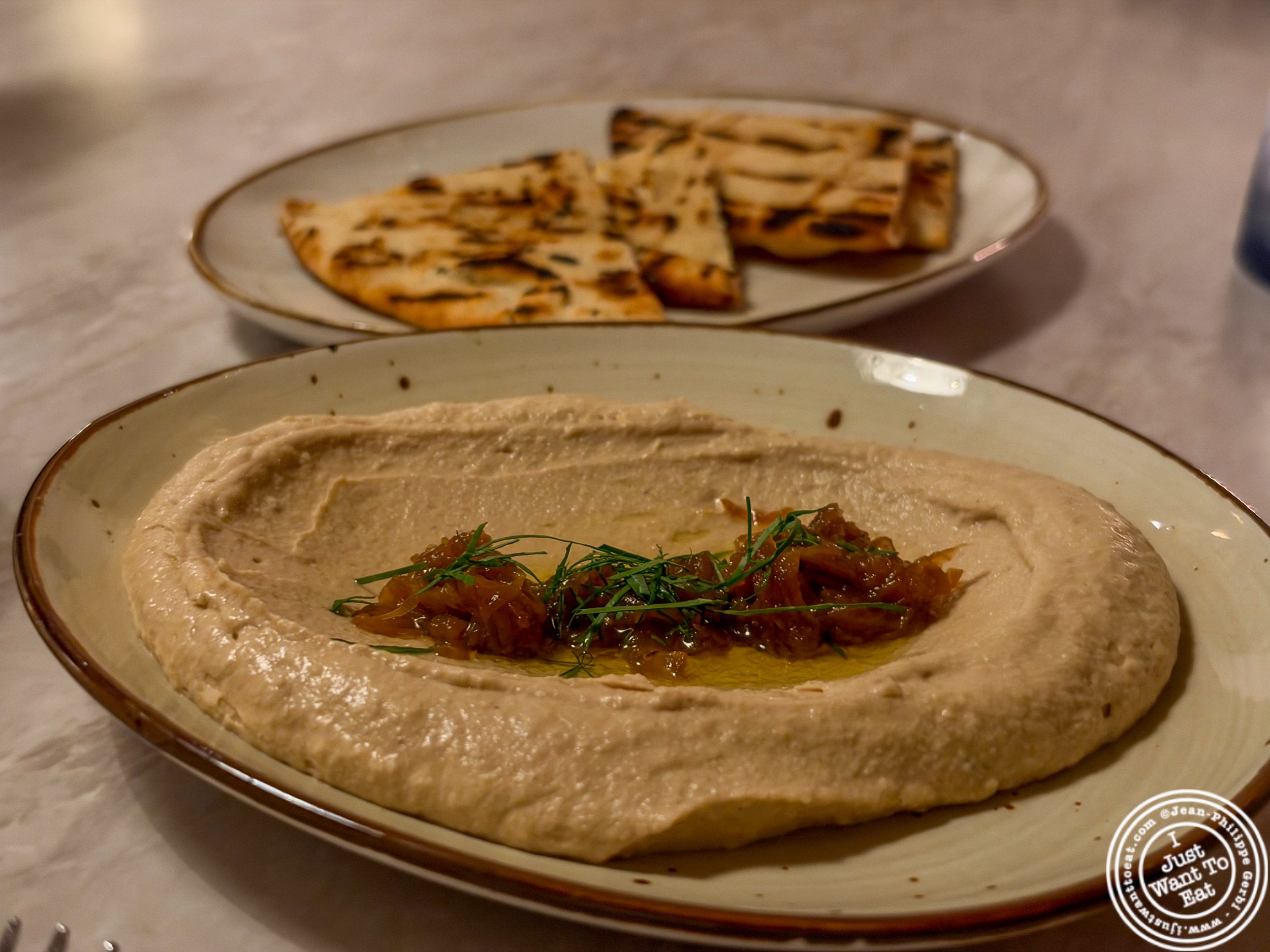 Caramelized onion hummus at Amavi in NYC