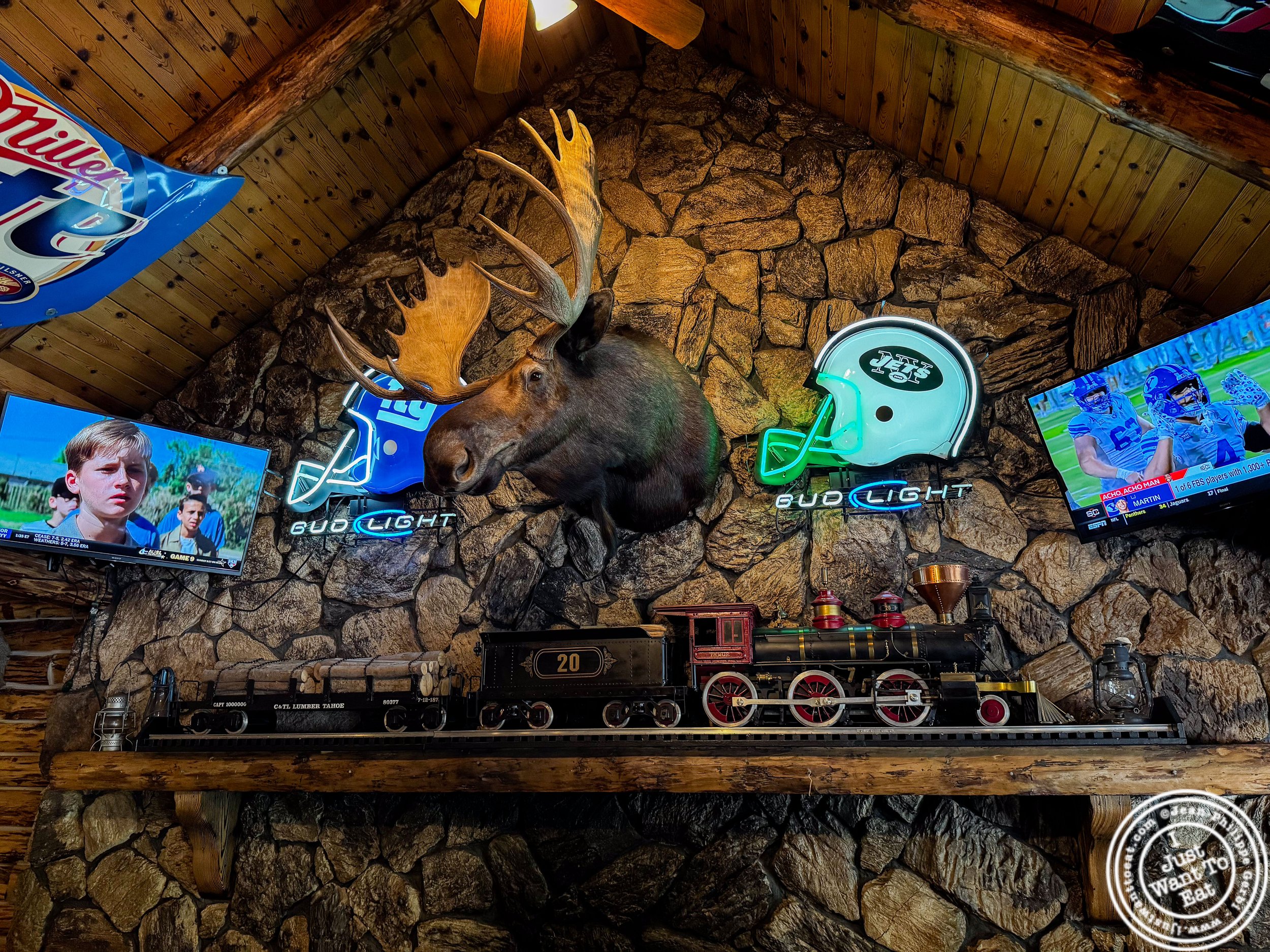 Train and moose head at The Cabin Restaurant in Freehold, NJ