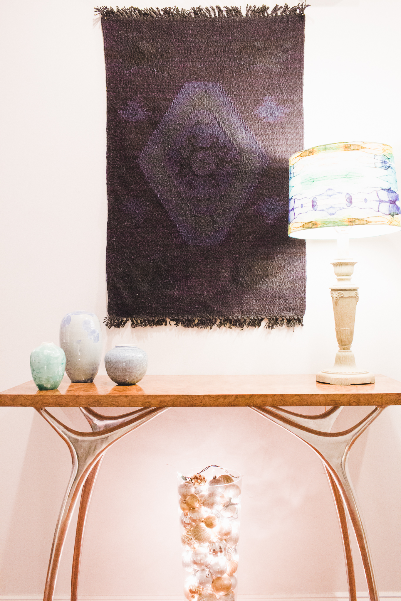 Entryway console table decor; Sid Oakley vases