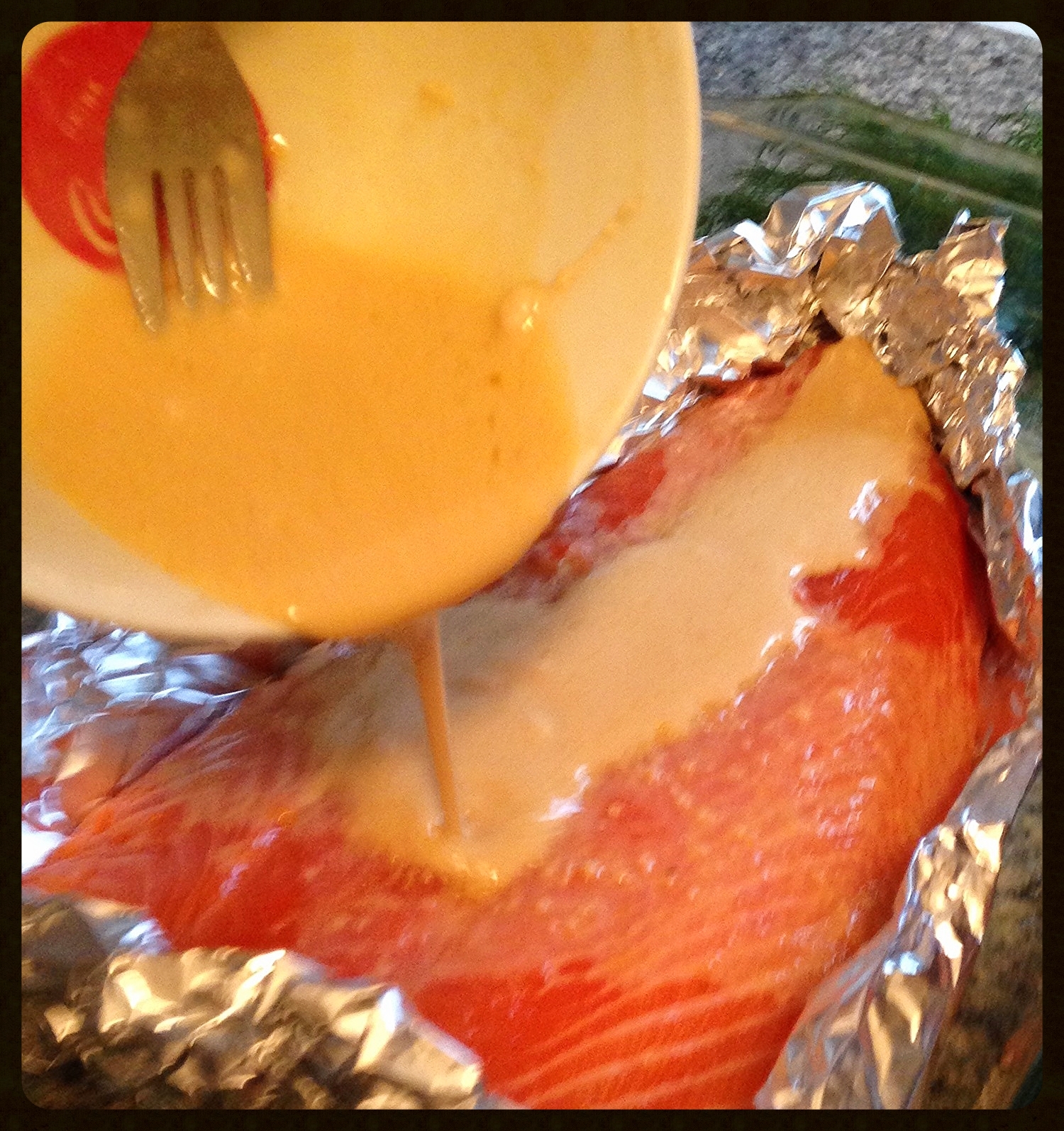 Pouring the Lemon-Tahini Sauce