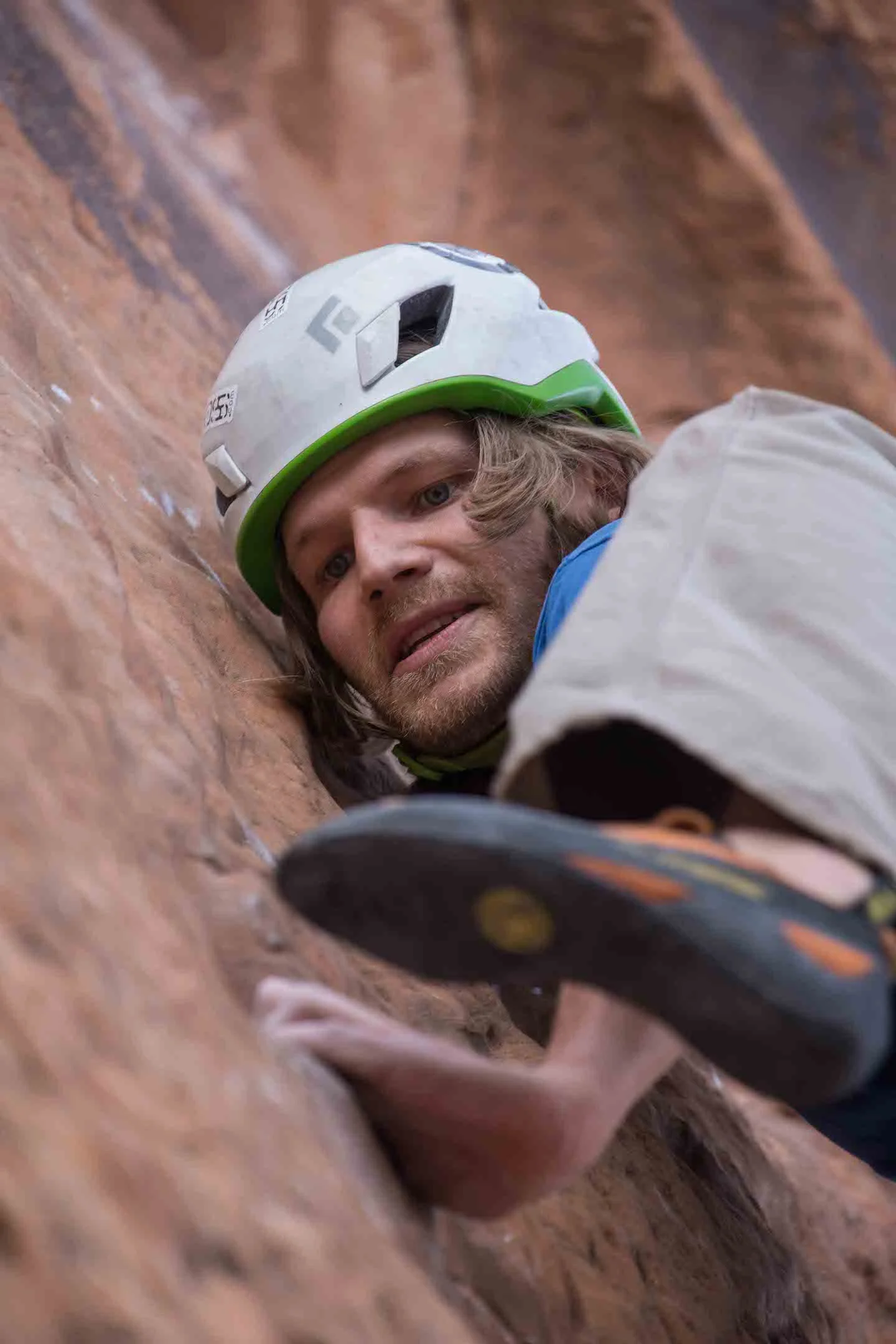 Onsighting Fistful of Potash (5.10a) in Moab, five months after surgery. Photo by Gregg Trawinski