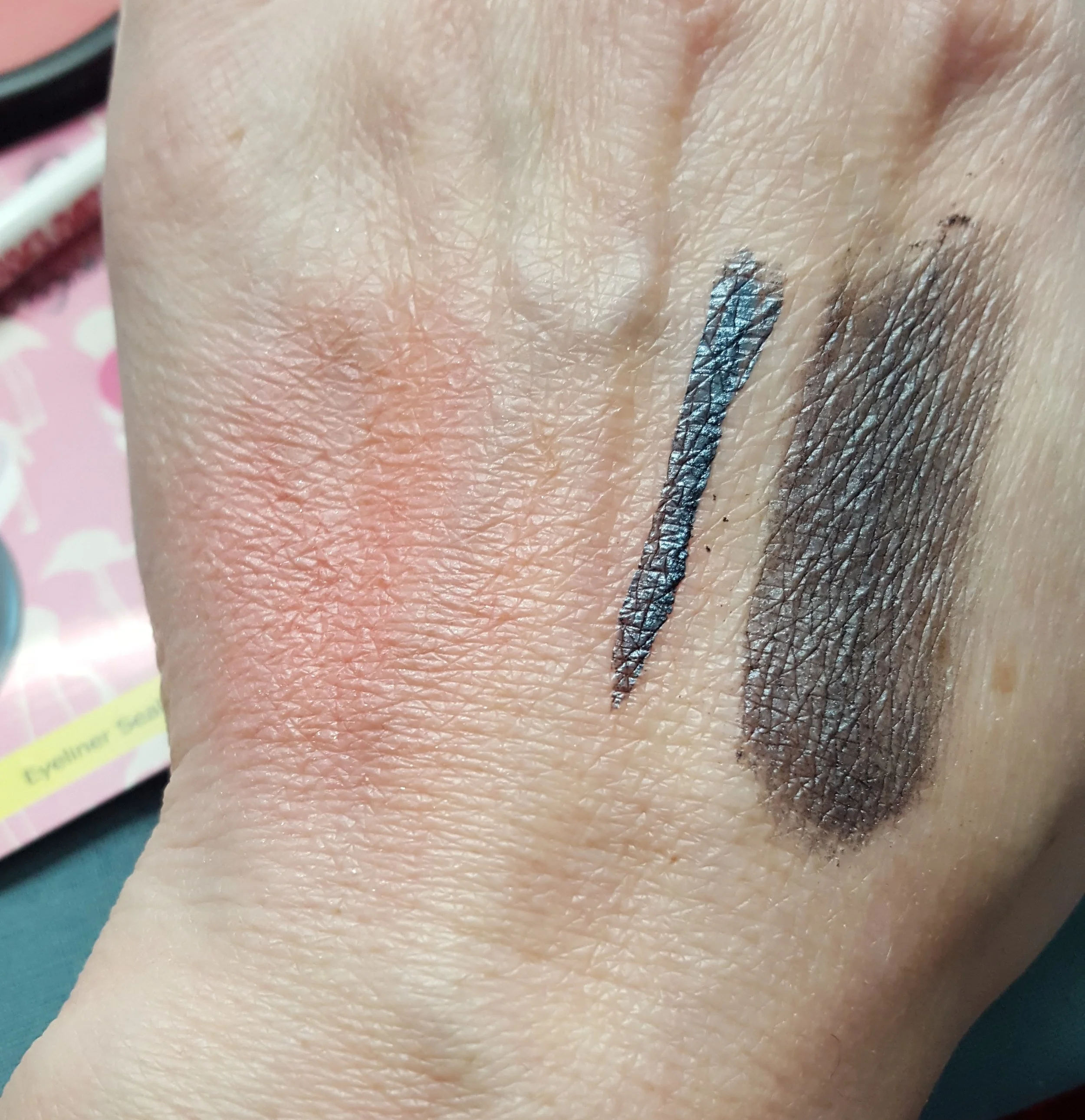 L to R: Blush swatch; Helter Skelter with eyeliner seal; Helter Skelter dry swatch