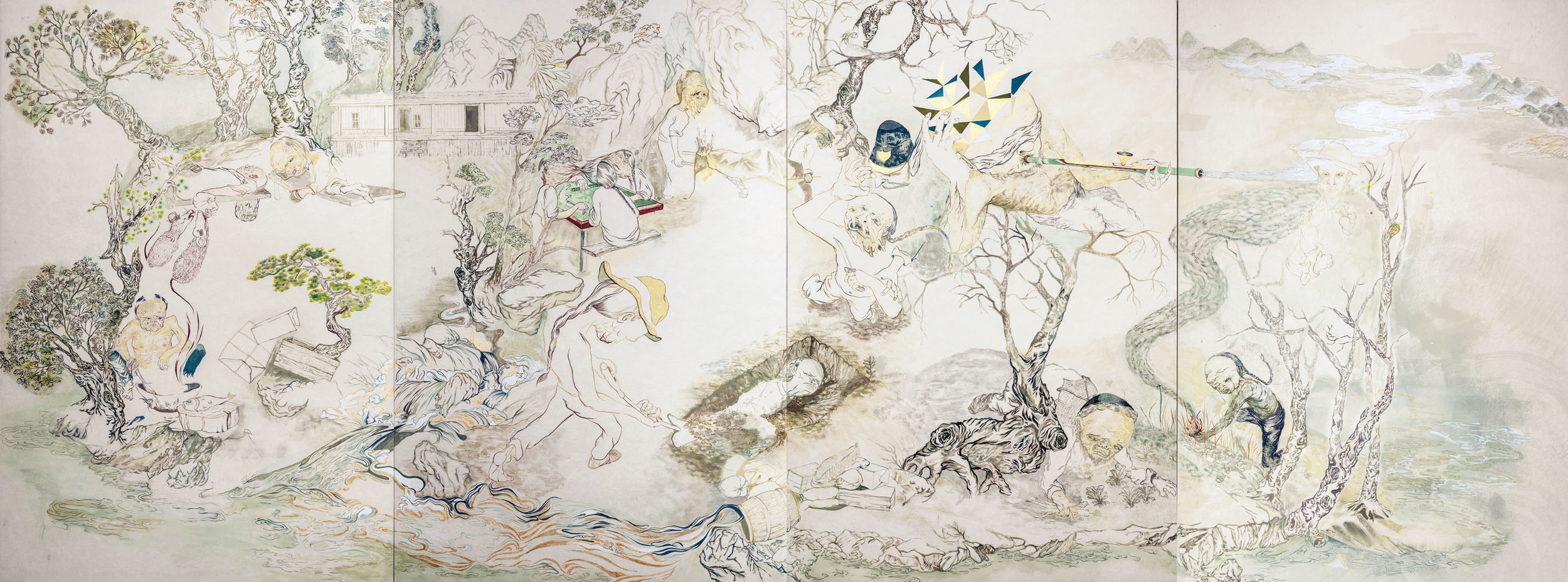 The Unfortunates of D'Arcy Island , 2013, 36" x 96", paint pigment on mulberry paper mounted onto board About