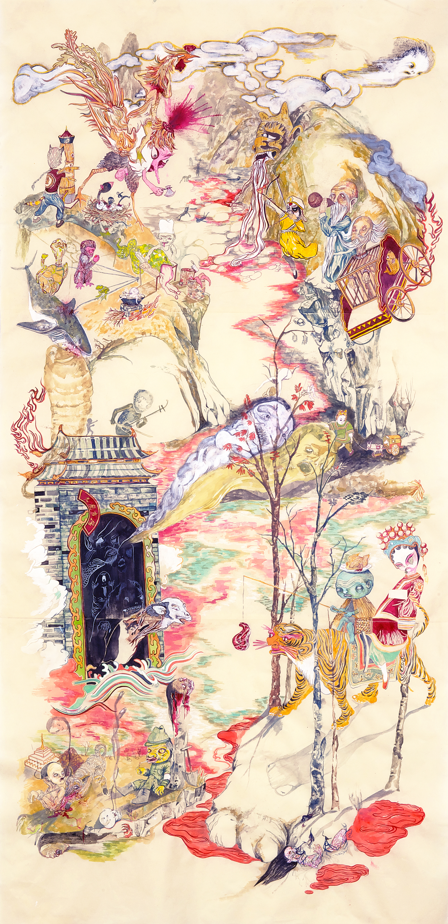 Mount Abundance and the TipToe People #1 , 2010, 75" x 38", ink and paint pigment on mulberry paper