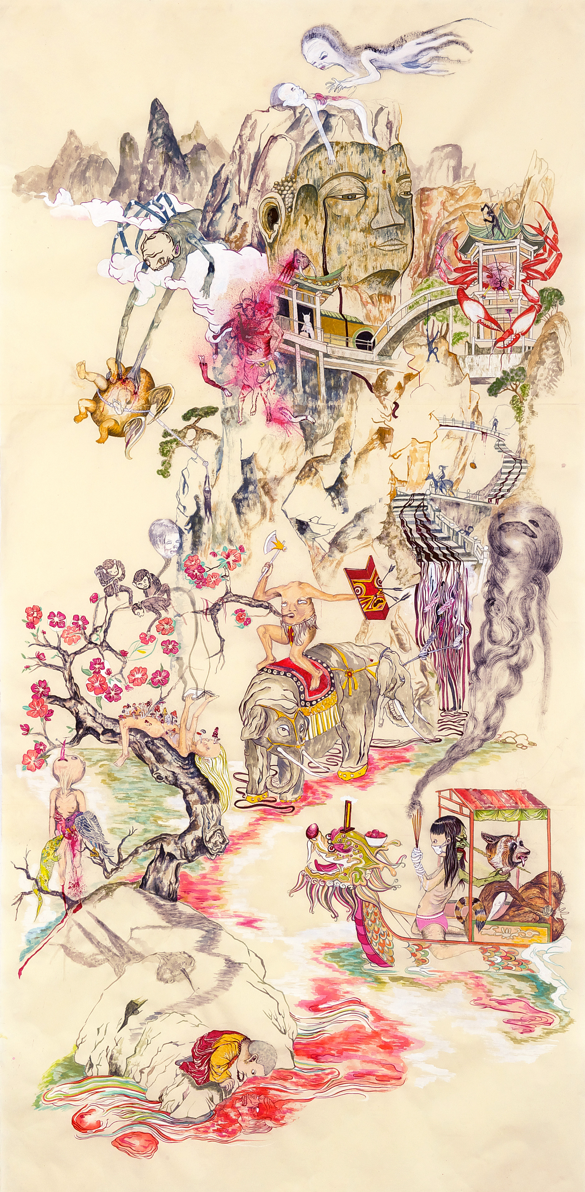 Mount Abundance and the TipToe People #2 , 2010, 75" x 38", ink and paint pigment on mulberry paper