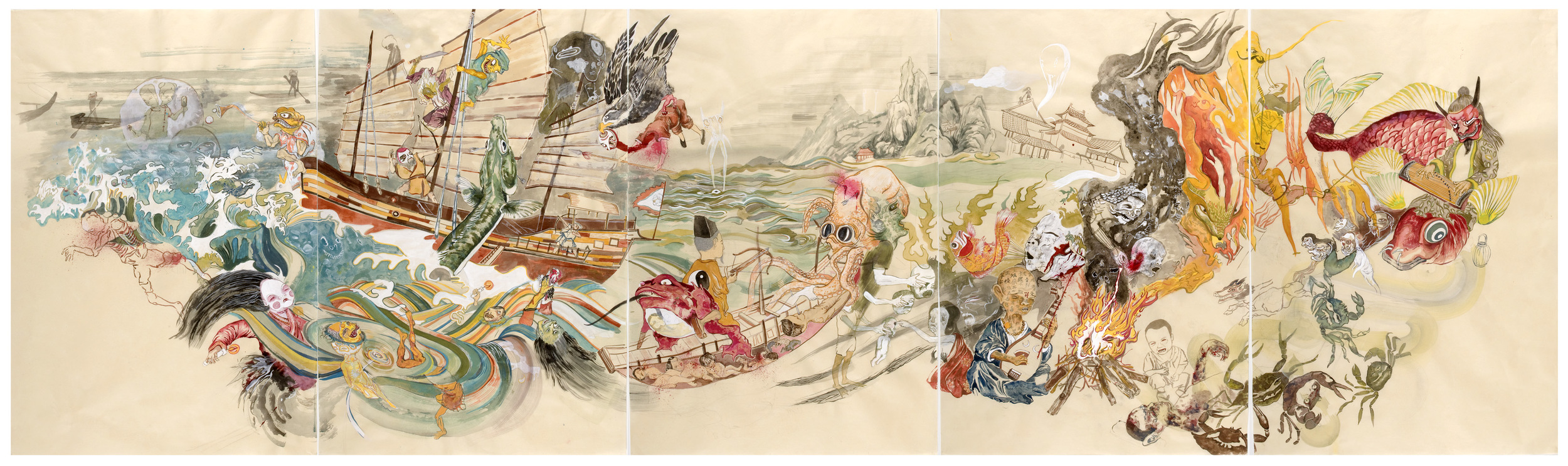  Dead Sea , 2009, 38" x 125", ink and paint pigment on mulberry paper