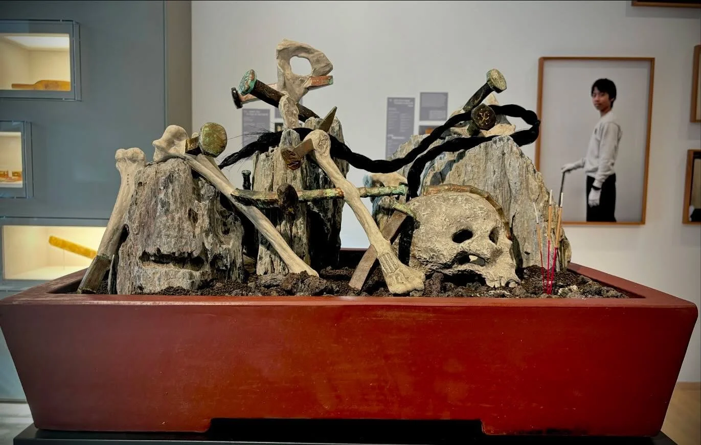 An Elegy for Dust (earth) No. 1, 2 &amp; 3
2024
Sizes variable

Yixing purple clay pot, stones, stoneware, chinese ink, metallic paint, patina, wax paste, horsehair, foam, wire, epoxy, cyanoacrylate, black quartz gravel, aquasoil, lava rock and joss 