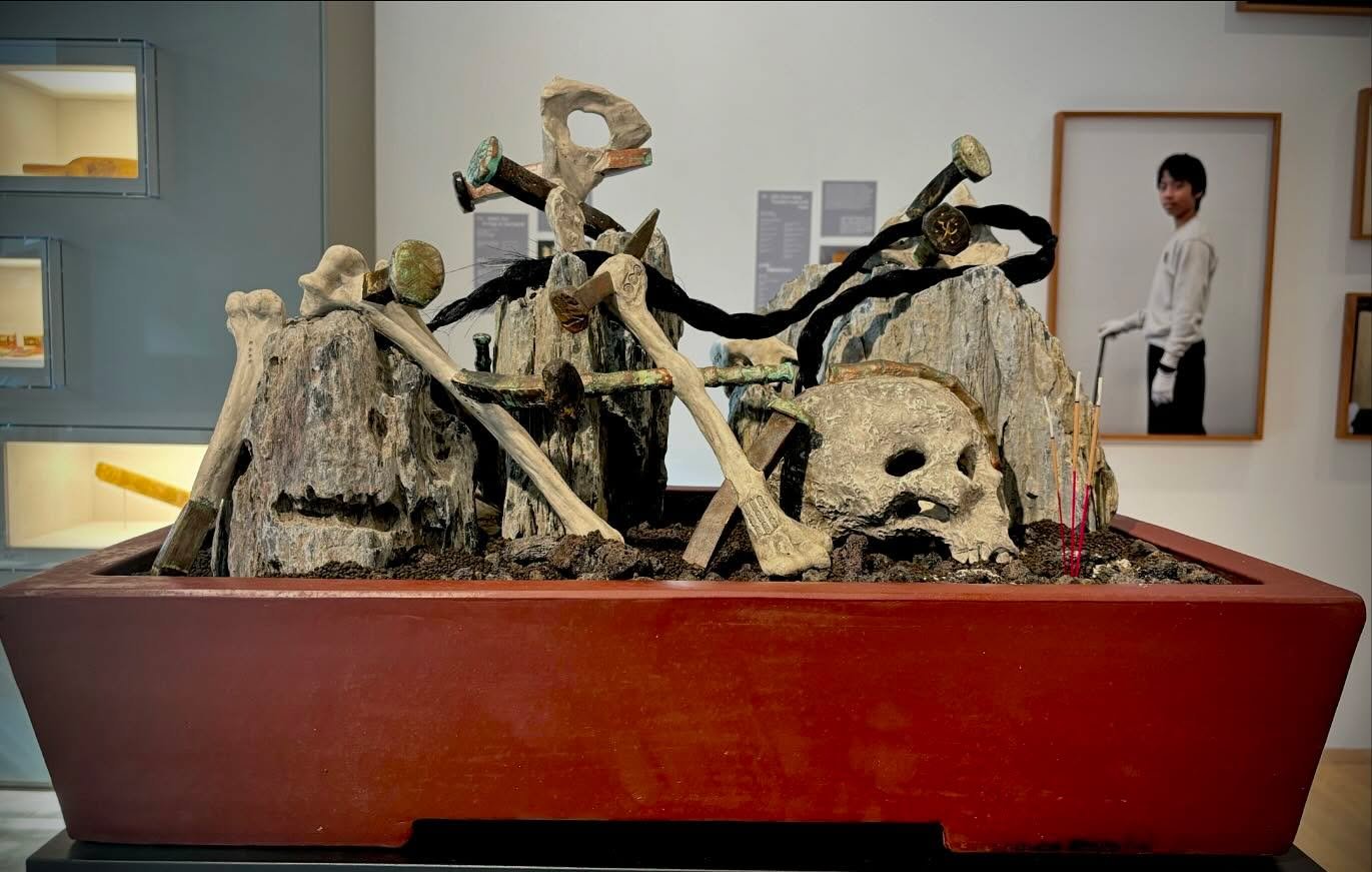 An Elegy for Dust (earth) No. 1, 2 &amp; 3
2024
Sizes variable

Yixing purple clay pot, stones, stoneware, chinese ink, metallic paint, patina, wax paste, horsehair, foam, wire, epoxy, cyanoacrylate, black quartz gravel, aquasoil, lava rock and joss 