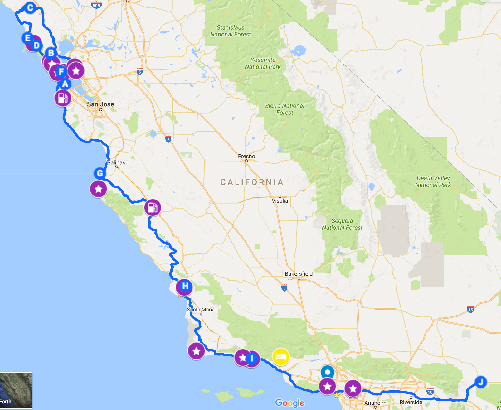 The path our faithful red Elantra (nicknamed Cilantro) took us. Starting in Fairfax, up to Healdsburg, down Highway 1 to Inverness / Pt. Reyes, back to San Francisco, down to Monterey, then on to our Insane Detour which spit us out just before San Luis Obispo, to Santa Barbara, to Malibu, to LA and then Joshua Tree, our final destination 