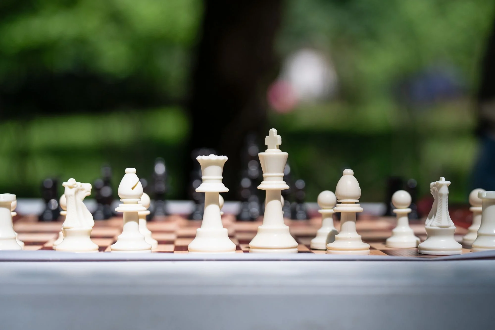 Strategy game concept with white chess pieces standing in a row on a board in a summer park