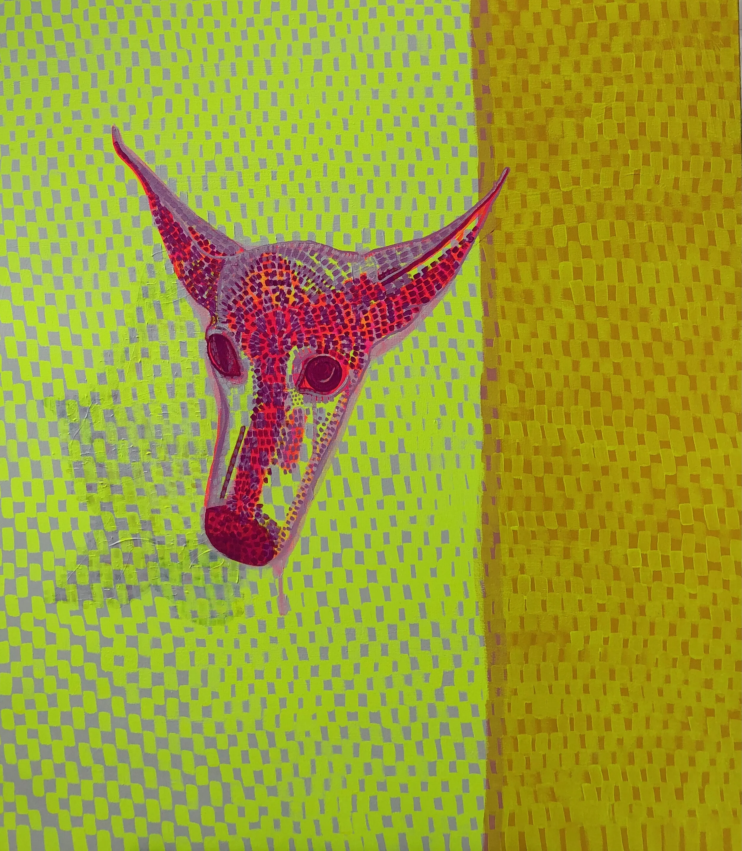 "Floating Dog Head (Papo)", 48" x 41", acrylic and gouache on canvas, 2019