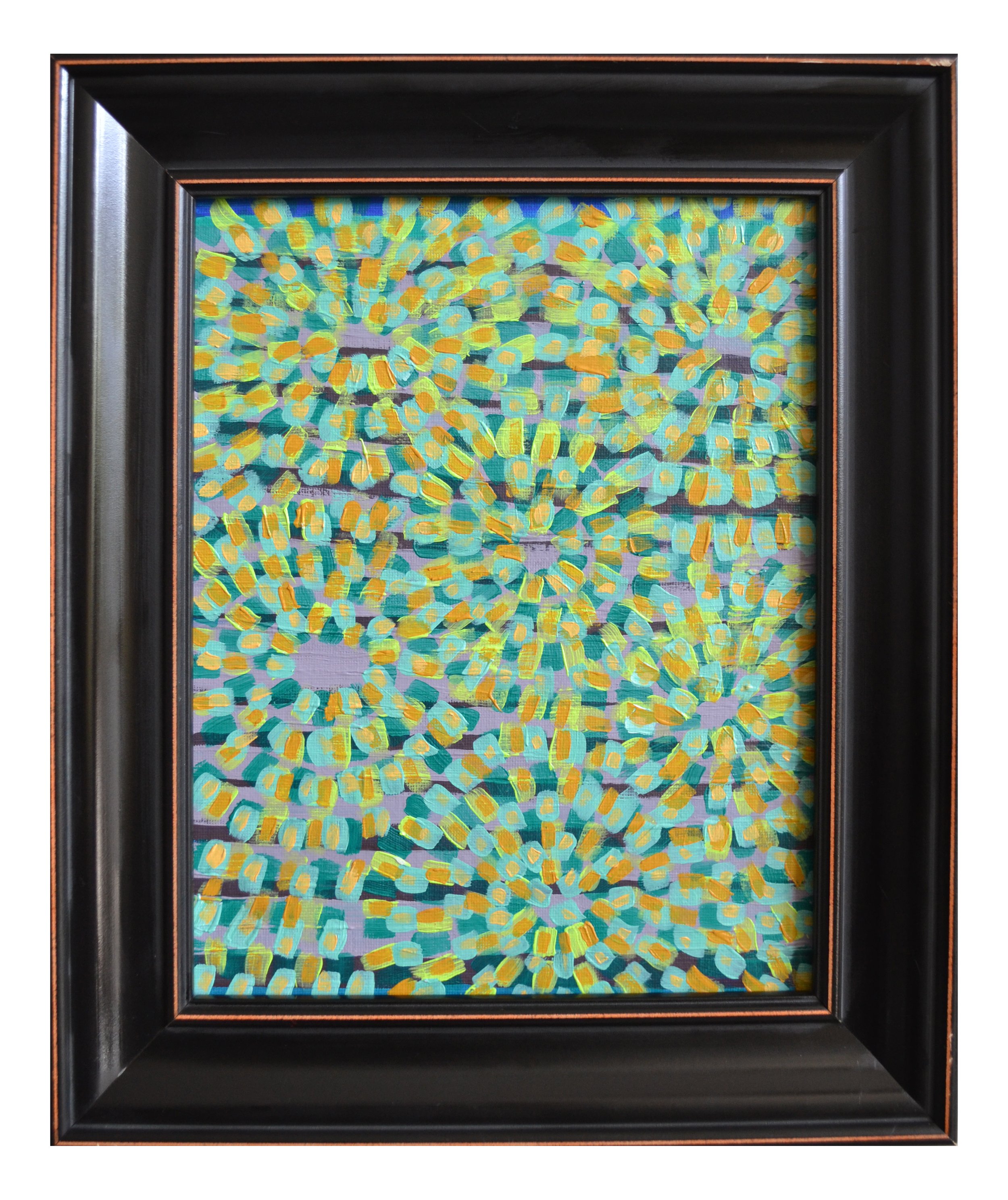 "Amor De Verde" Acrylic on canvas, 13” x 11” Framed, 10” x 8”, 2015-2023, $175