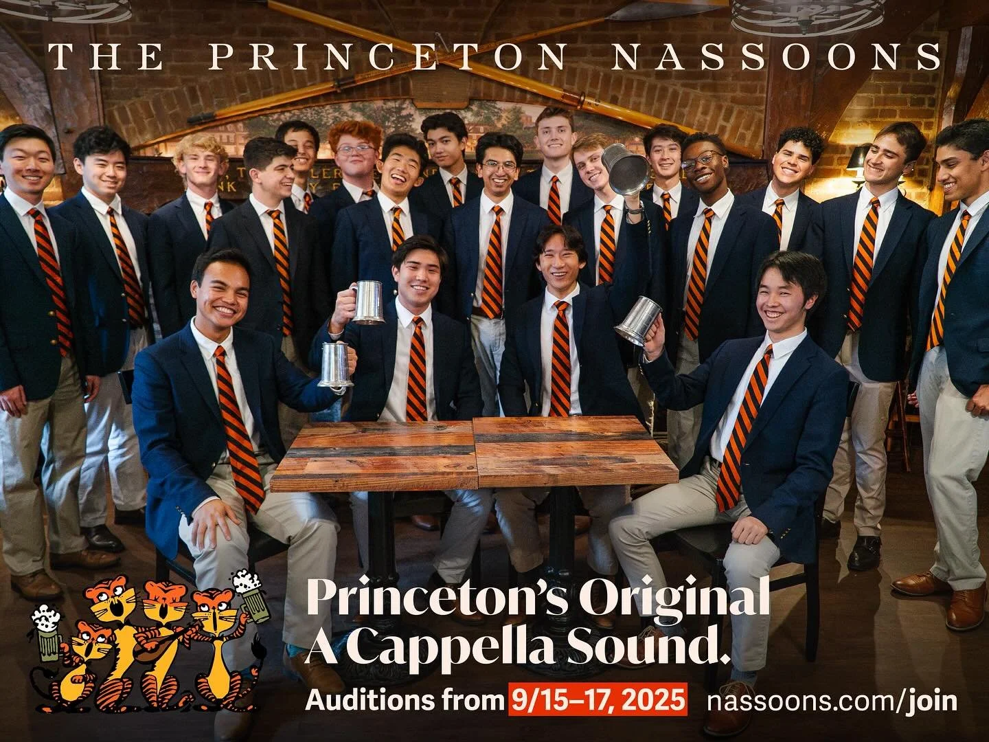 Join us tomorrow for our Open House (100 1901 Hall, 7&ndash;9 PM) to hang out, hear us sing, and learn a bit more about the &lsquo;Soons.

Ready to take the dive? Sign up for an audition at the link in bio! Never a better year to become a Nassoon 🐅