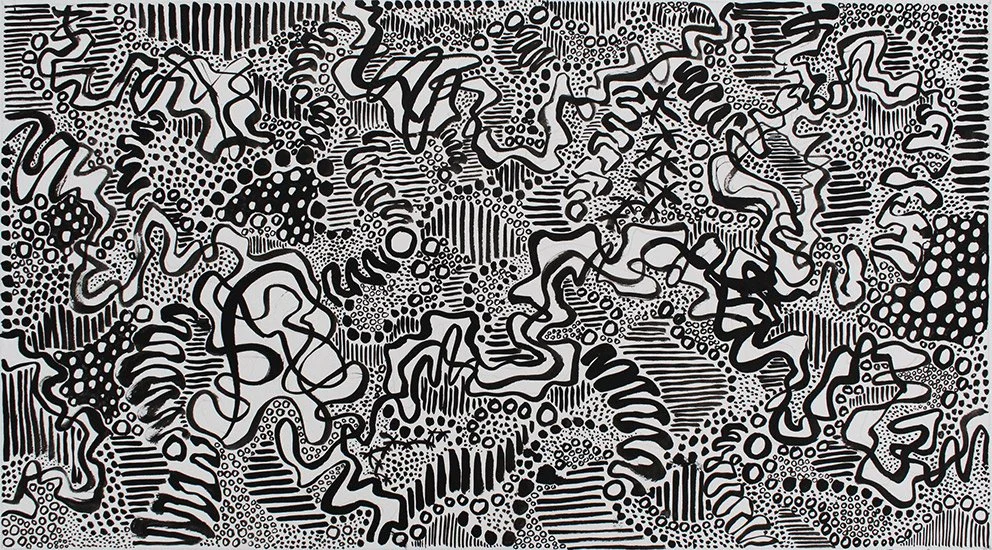 "Q Continuum 6" 2021: Indian ink on paper, 30cm x 55cm