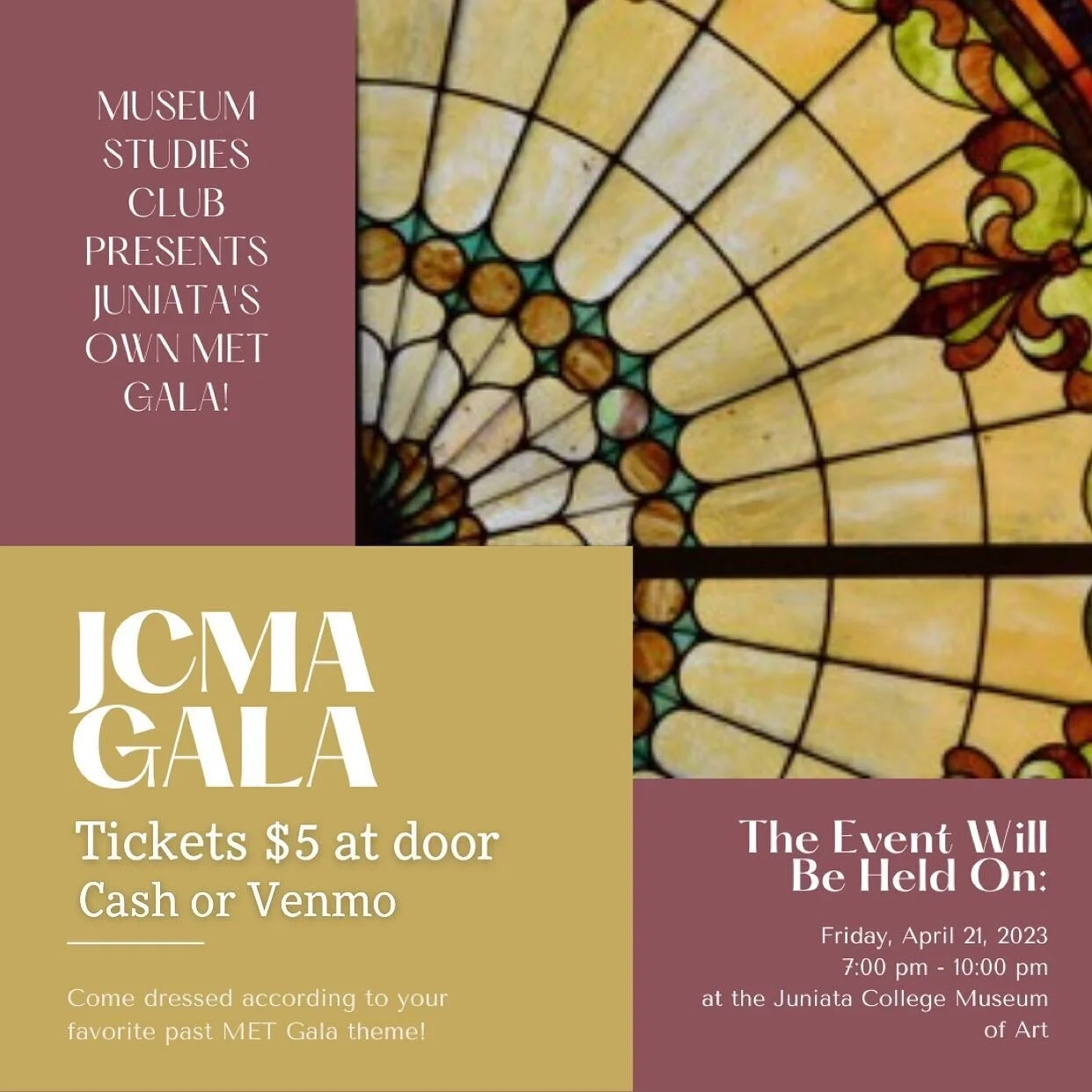 Join us tomorrow night at the JCMA from 7-10PM for the first JCMA Gala! Dress according to any past theme MET Gala of your choice and enjoy some refreshments, photo ops, and mingle with other gala-goers for a night. Tickets $5 at the door in cash or