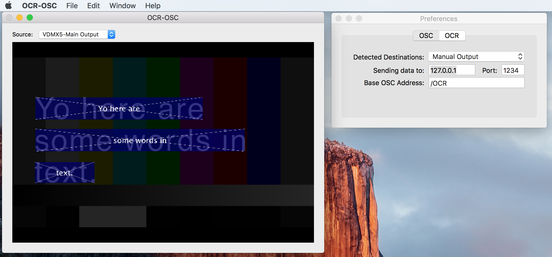 OCR-OSC display interface and preferences pane.