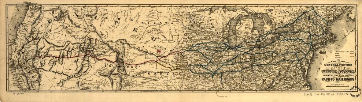 ( Click to view full screen) Map of the central portion of the United States showing the lines of the proposed Pacific railroads, via the Library of Congress .
