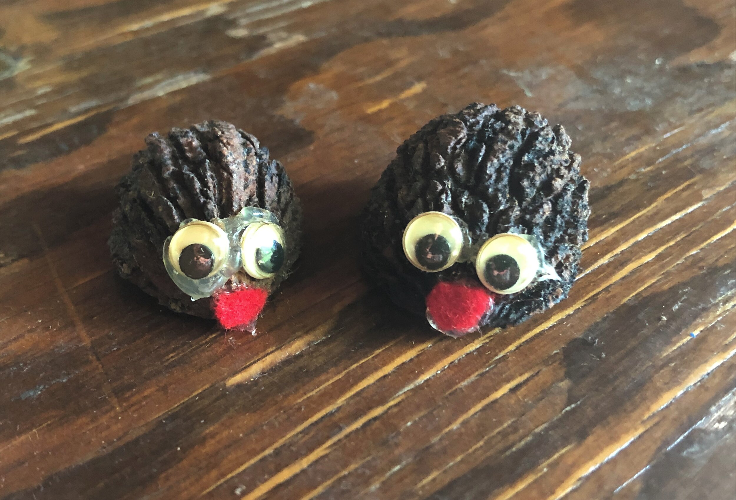 Walnut shells with googly eyes and felt mouths