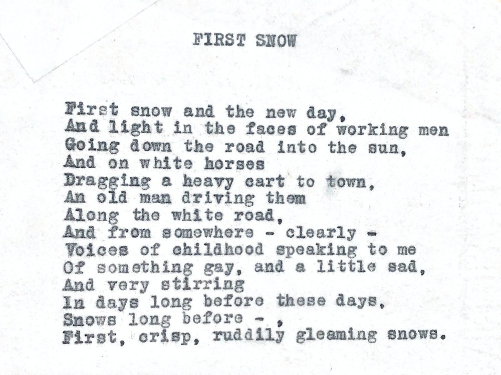 Poem entitled "First Snow", found amongst other poetry by Catharine