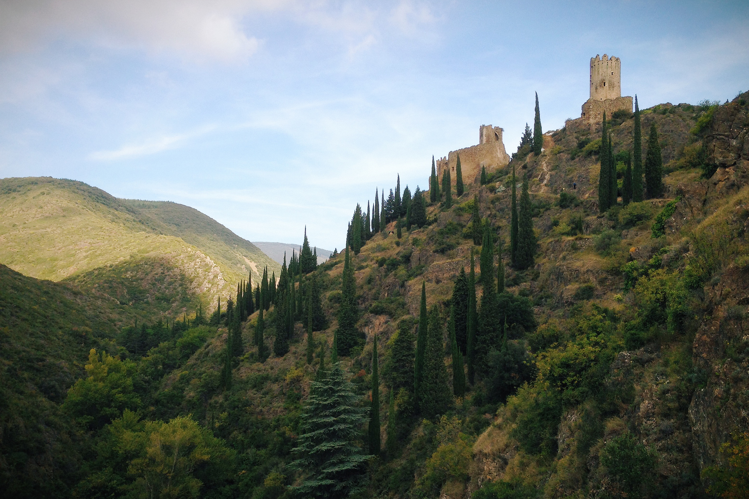 Ruins and trees on the way back down. Lastours