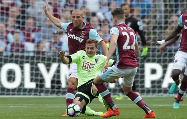 Stuart Fraser, marcado de cerca por dos 'hammers' | Fotografía: AFC Bournemouth