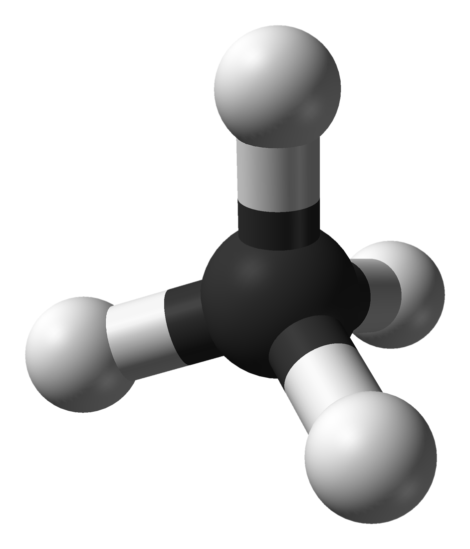 Methane: a single carbon atom with a full complement of four hydrogens.