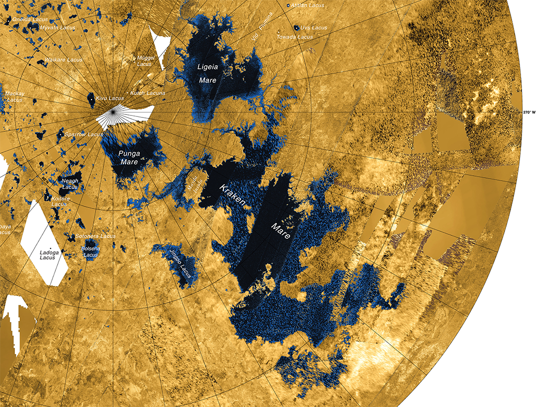 This false color radar-mosaic shows the northern pole of Titan, exposed as if the thick atmosphere were stripped away. The largest sea, Kraken Mare, is the two large bodies linked via canal in the bottom right quadrant.