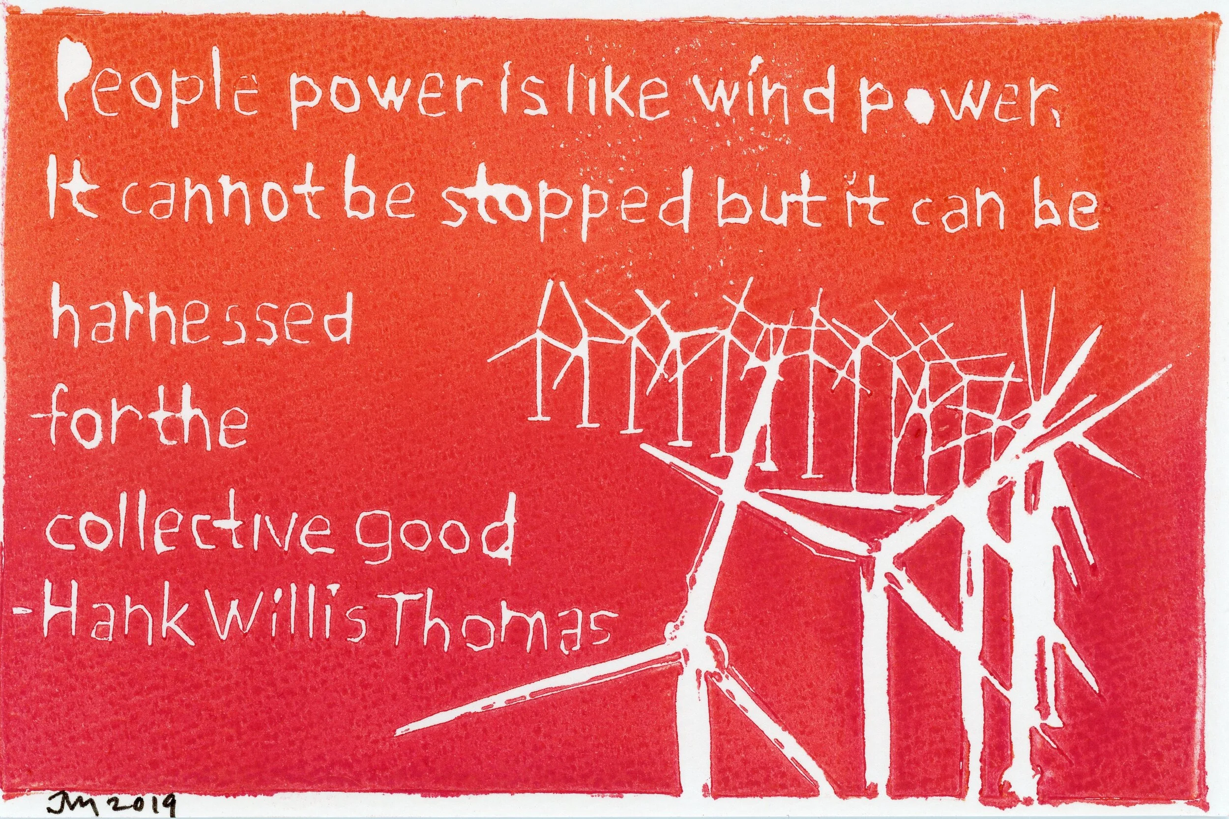 People Power postcard, 2019, linocut