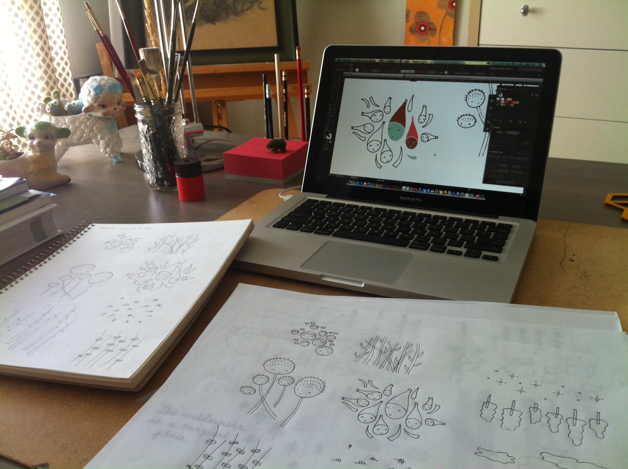 sketches, pen drawing and then to computer
