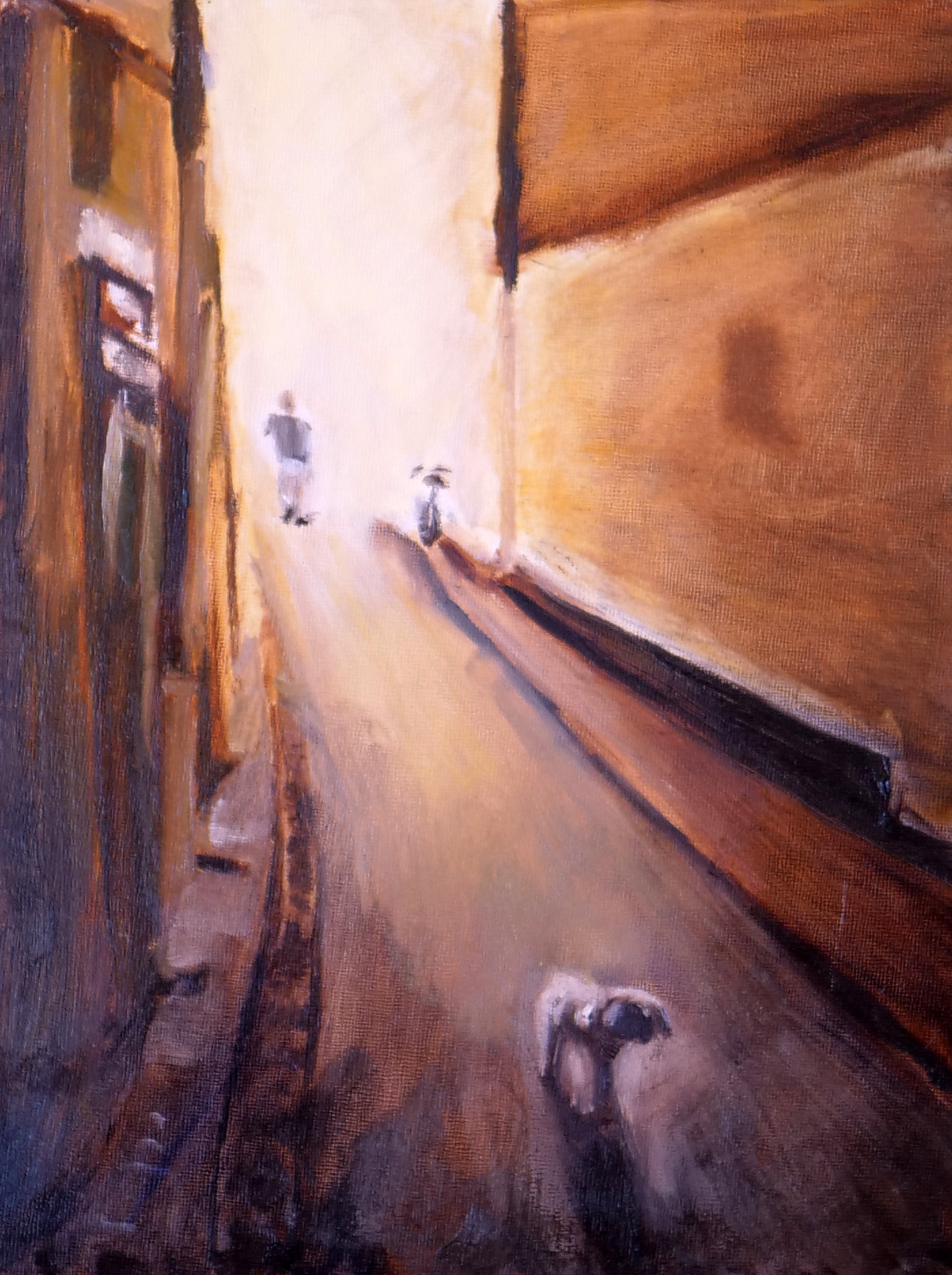 Aix-en-Provence with dog in alley, oil on masonite board (9"x12")