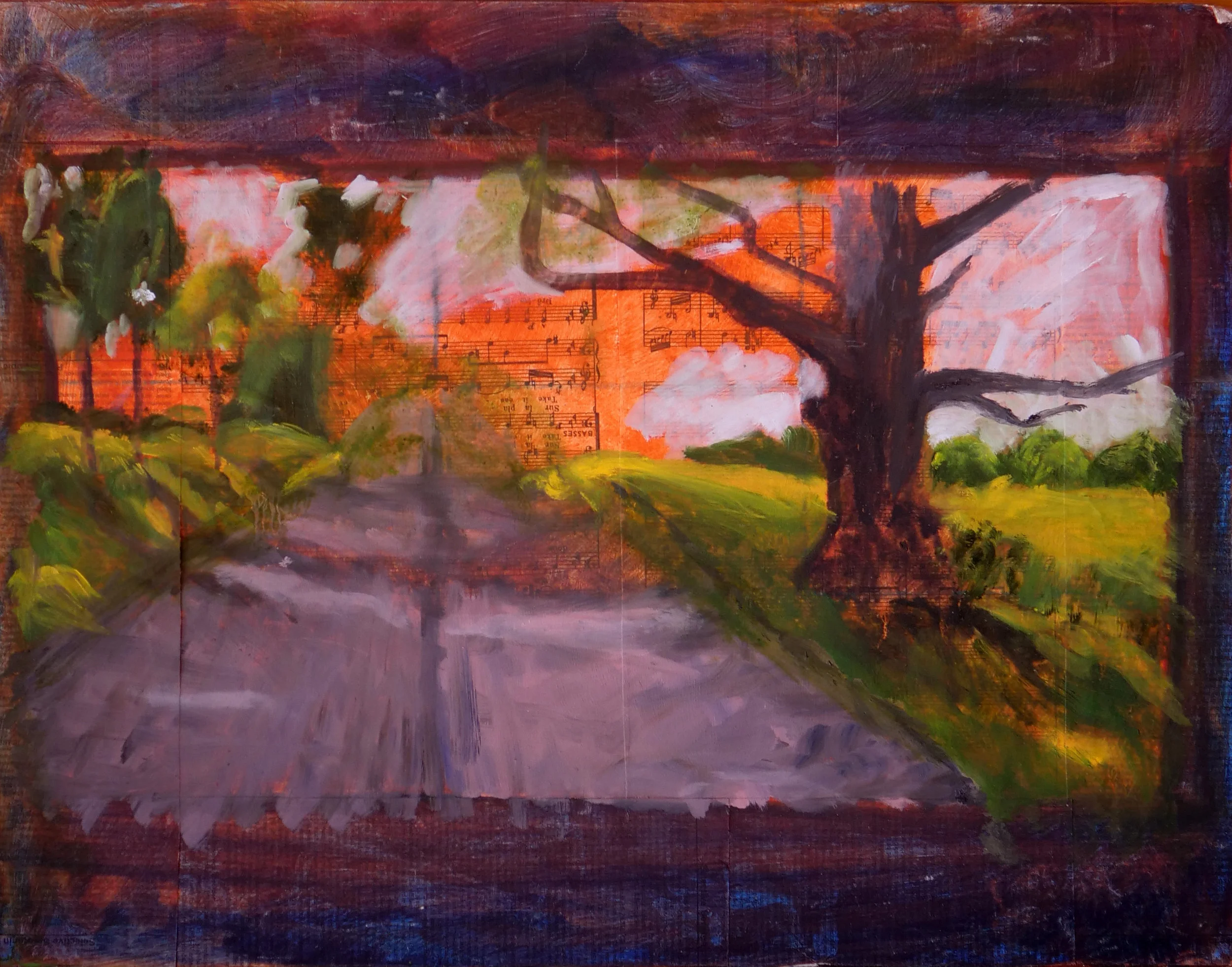 Old country road Richmond, oil and mixed media on music sheet and cardboard (14"x18")