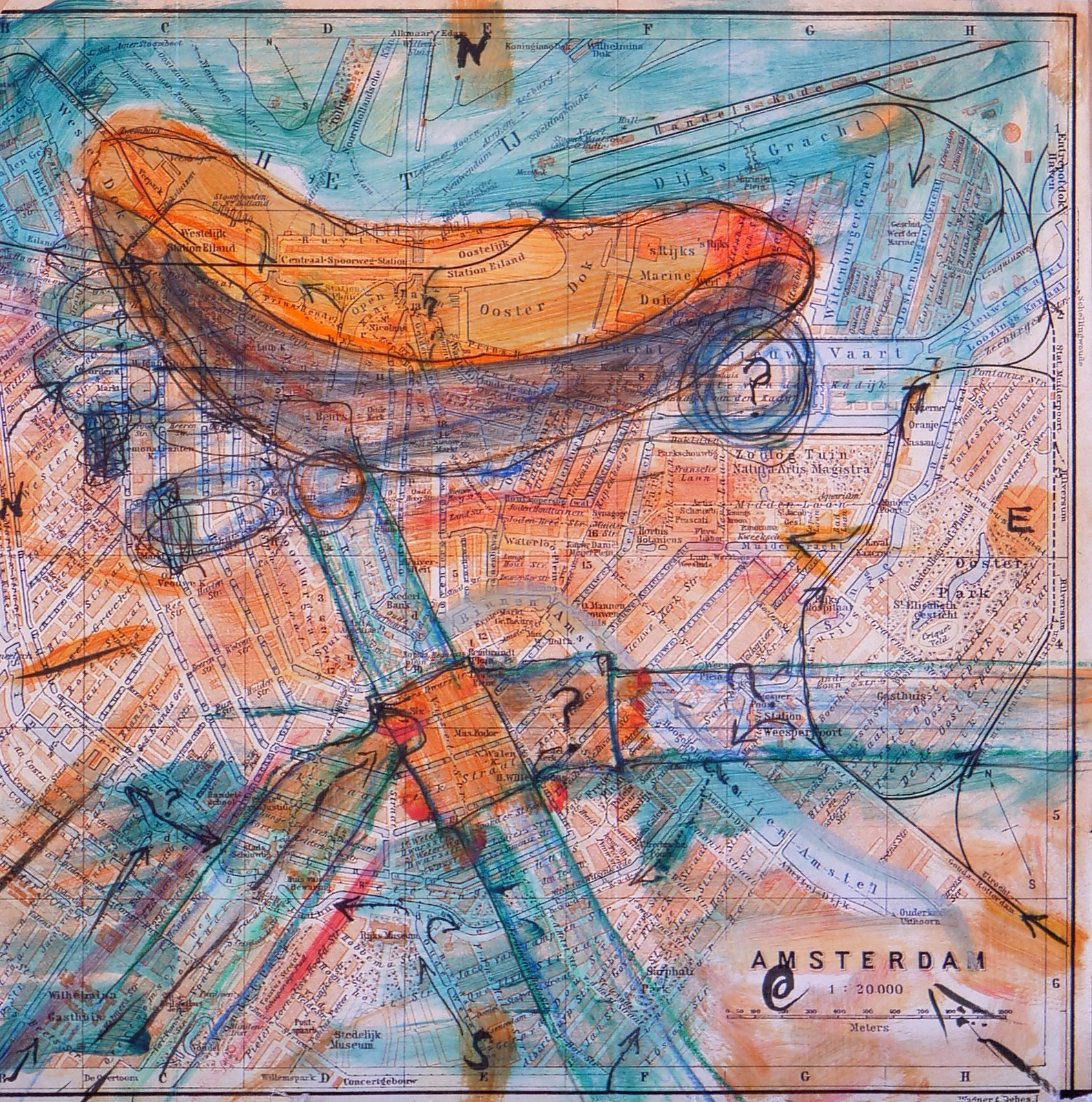 Bike seat on Amsterdam map, oil and mixed media on wood, (10"x10")