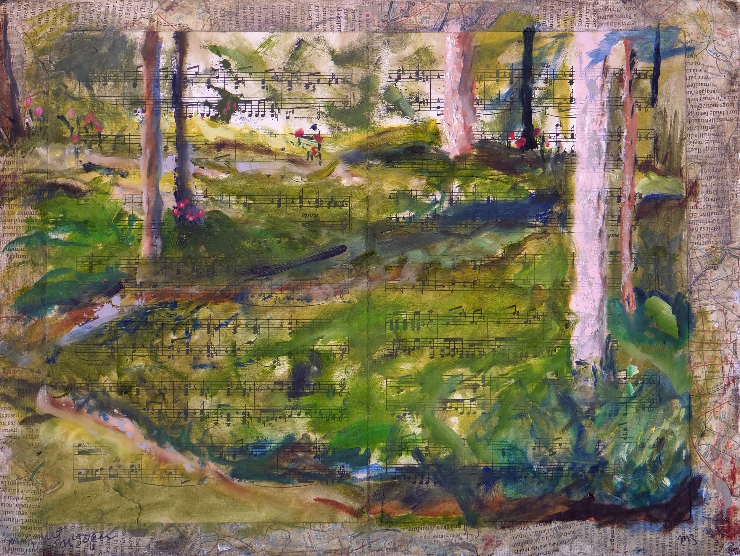Edith Wharton Estate, oil and mixed media on music sheet (12"x16")