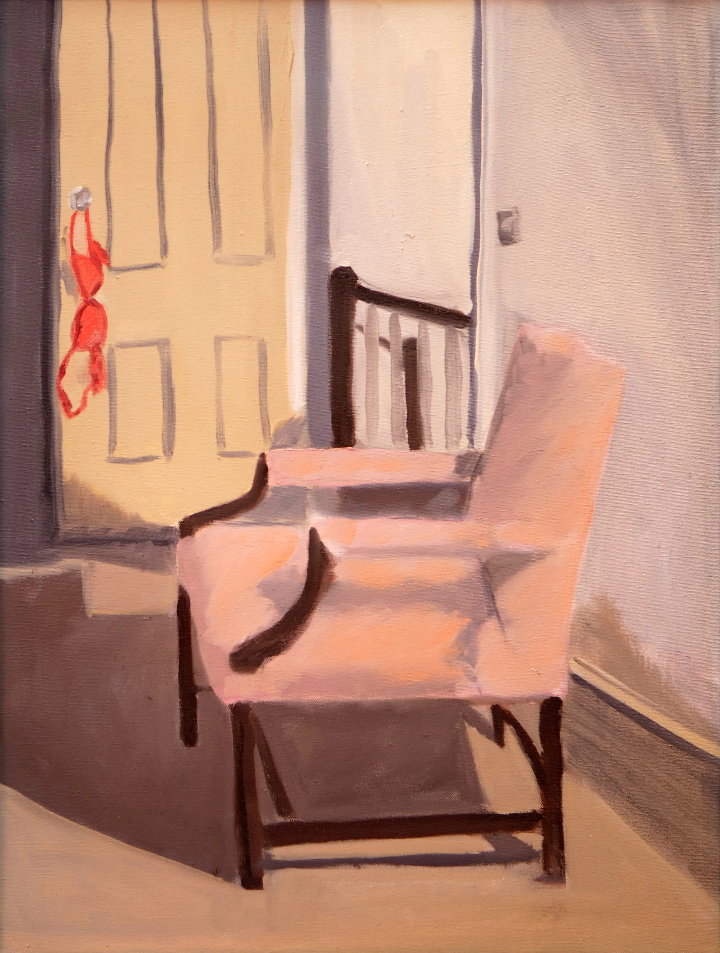 Bra on open door Boston apartment, oil on canvas (18"x24")