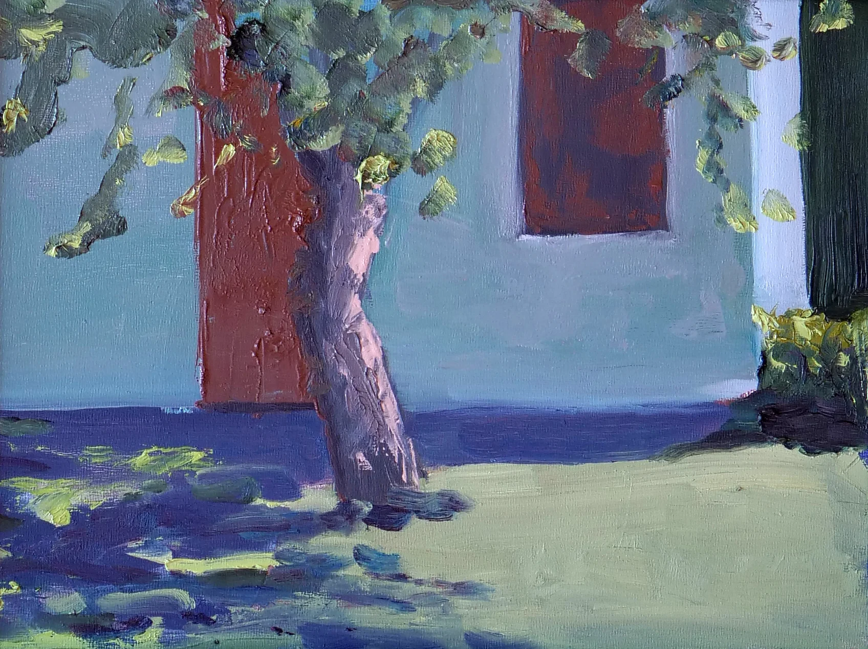 Carriage house with old apple tree, oil on board (9"x12")