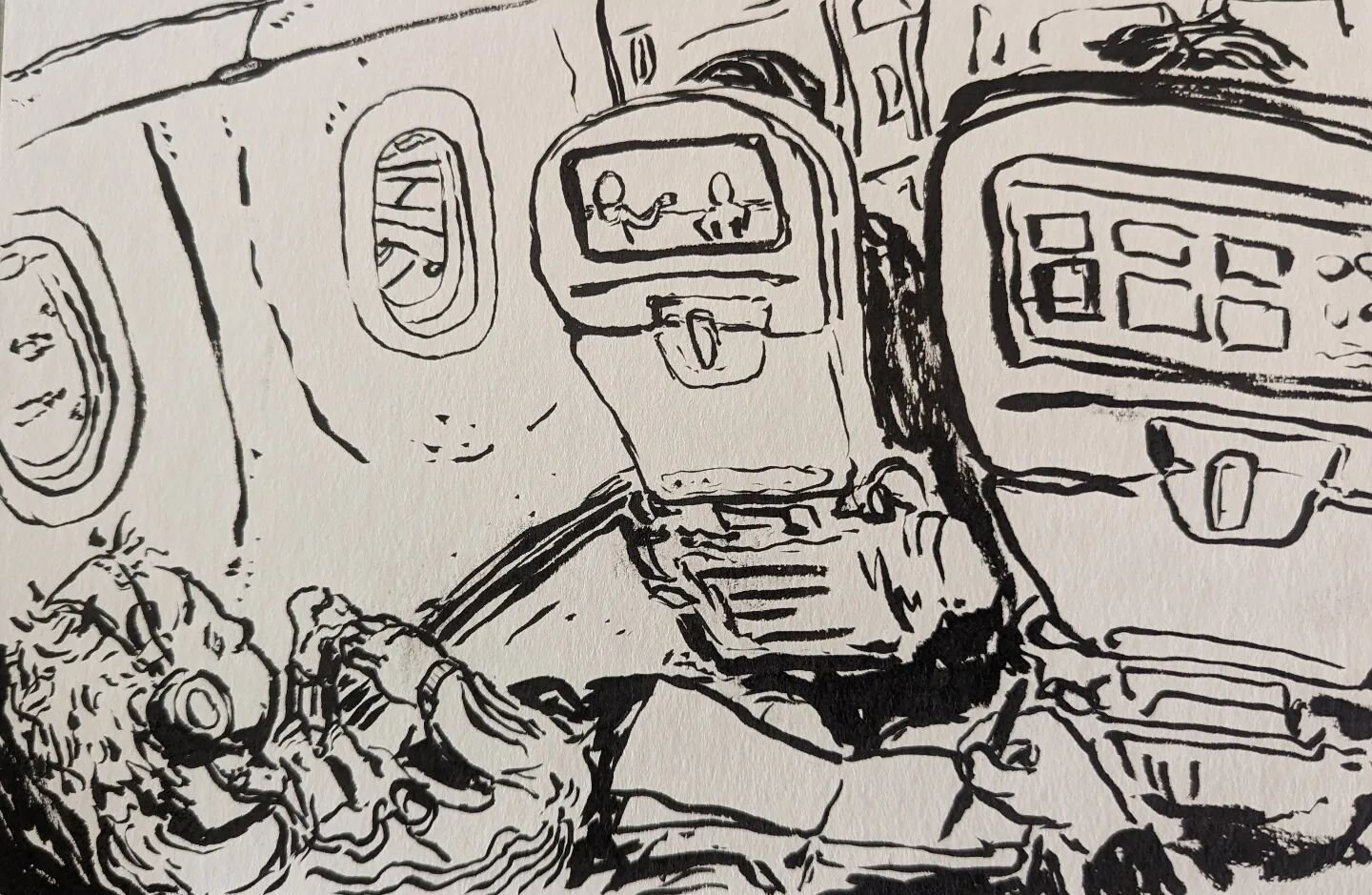 February 24, 2023 

#Paintpens are not advisable on an #airplane 

#illustration #airtravel #brushpen #pentel #blackandwhite