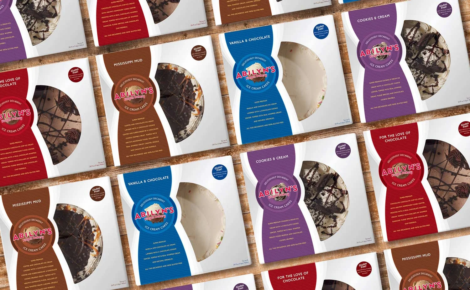 The package design system for Abilyn’s line of ice cream cakes (Mississippi mud is our favorite flavor). 
