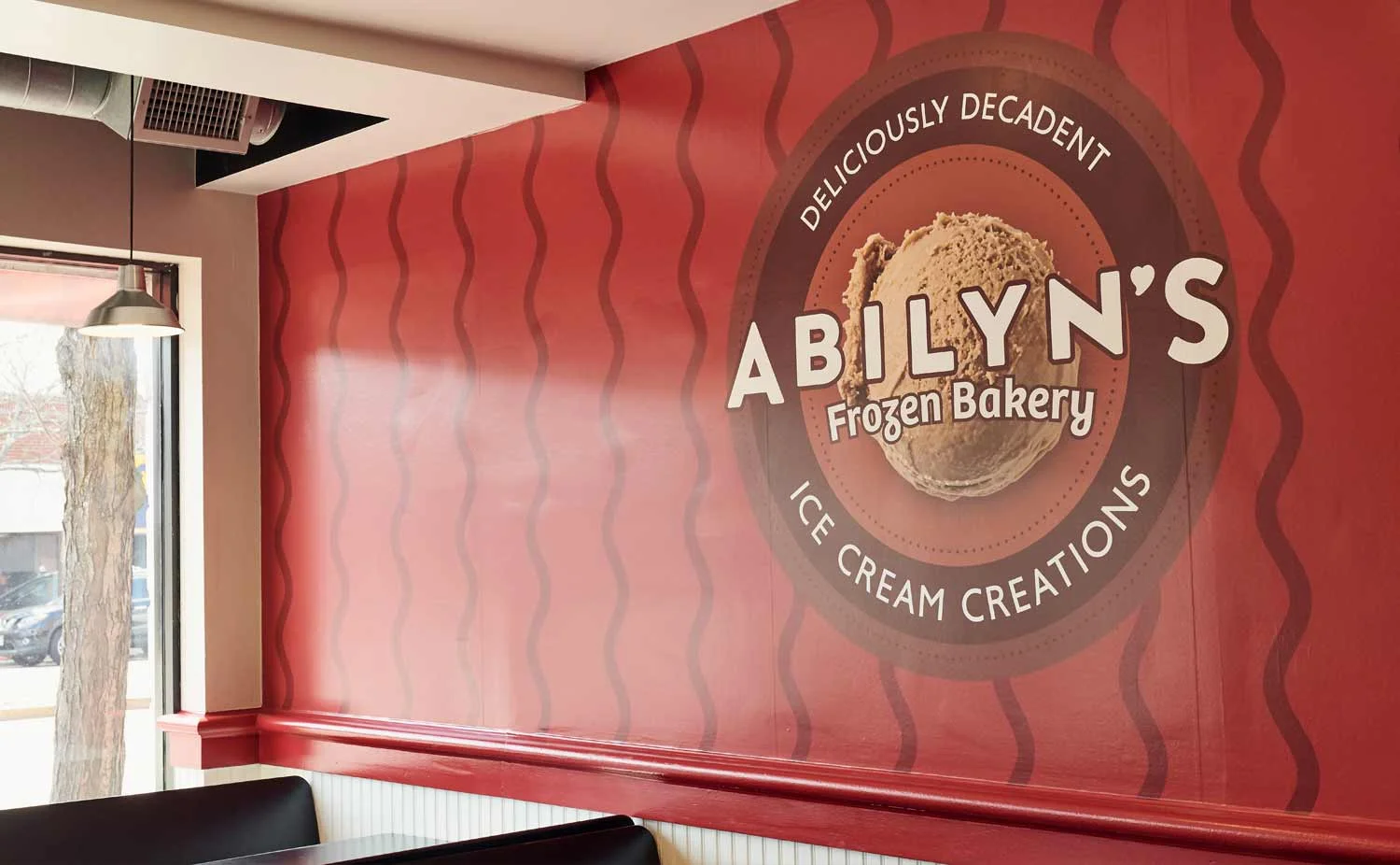 Large wall decals are used to create a fun store interior.