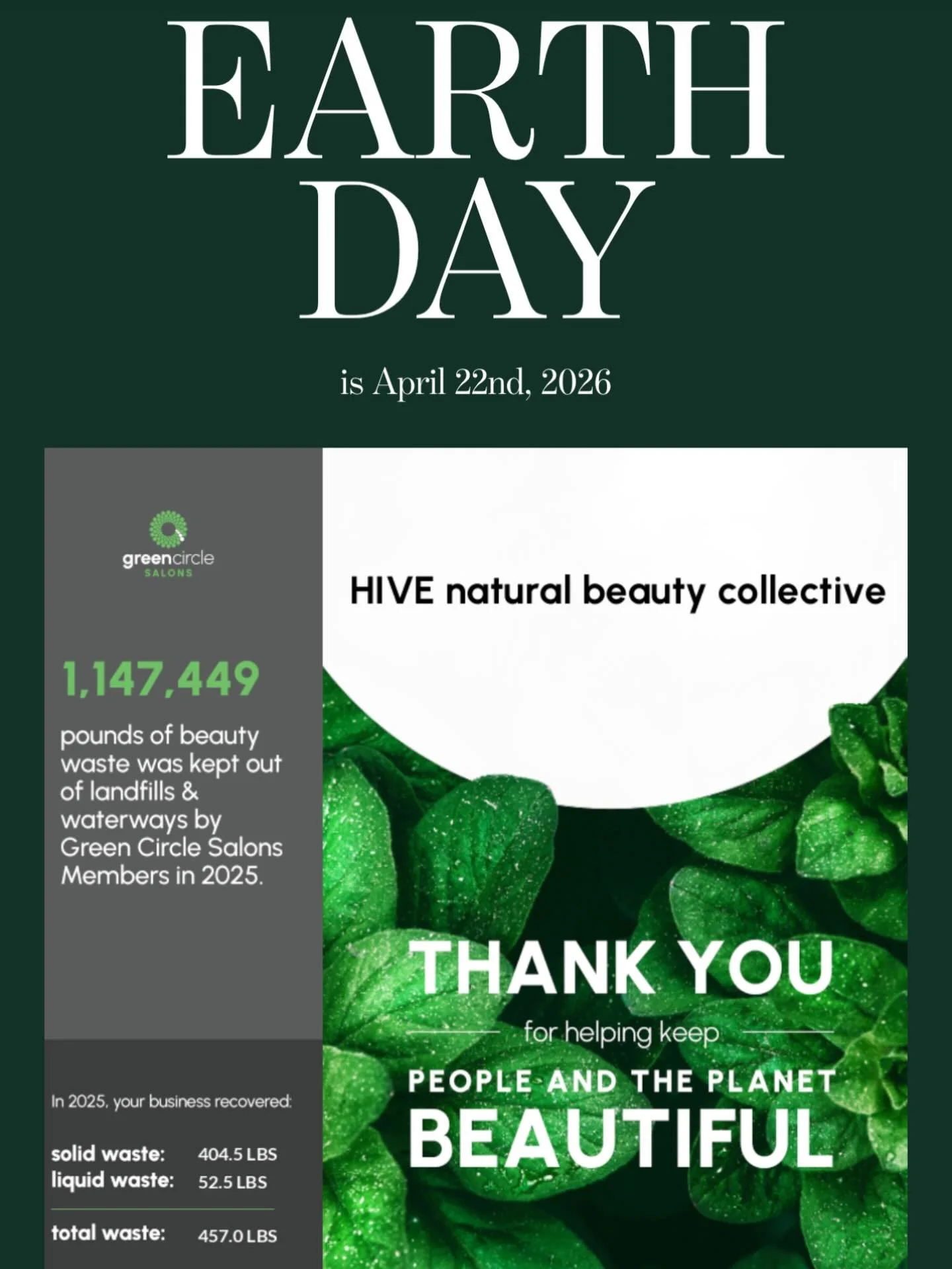 We are so excited to share that in 2025, Hive diverted 4️⃣5️⃣7️⃣POUNDS of salon waste from landfills and waterways through our partnership with Green Circle Salons. ♻️🌊🚮

If you&rsquo;ve ever noticed &ldquo;Eco Fee&rdquo; on your bill after a servi