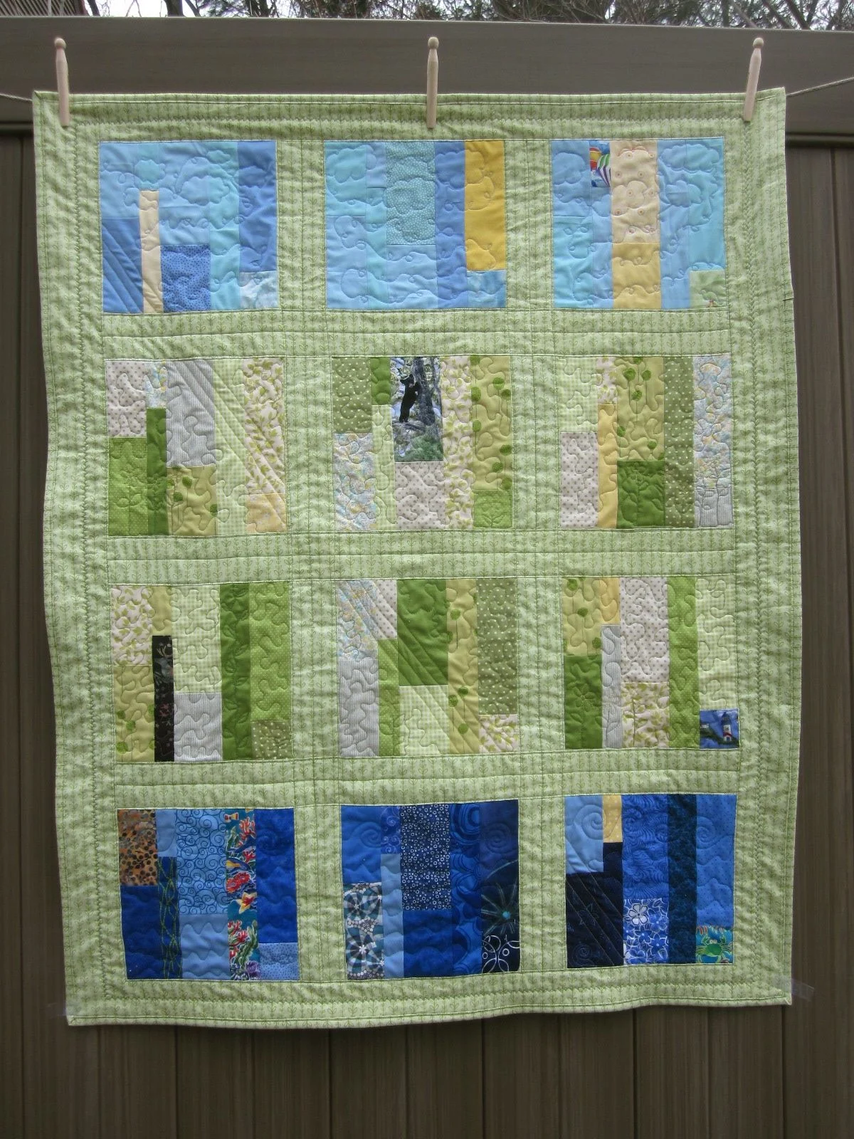 Quilt Ezra's Baby Quilt Low Volume Greens and Blues Strip Quilt 3-2014.jpg