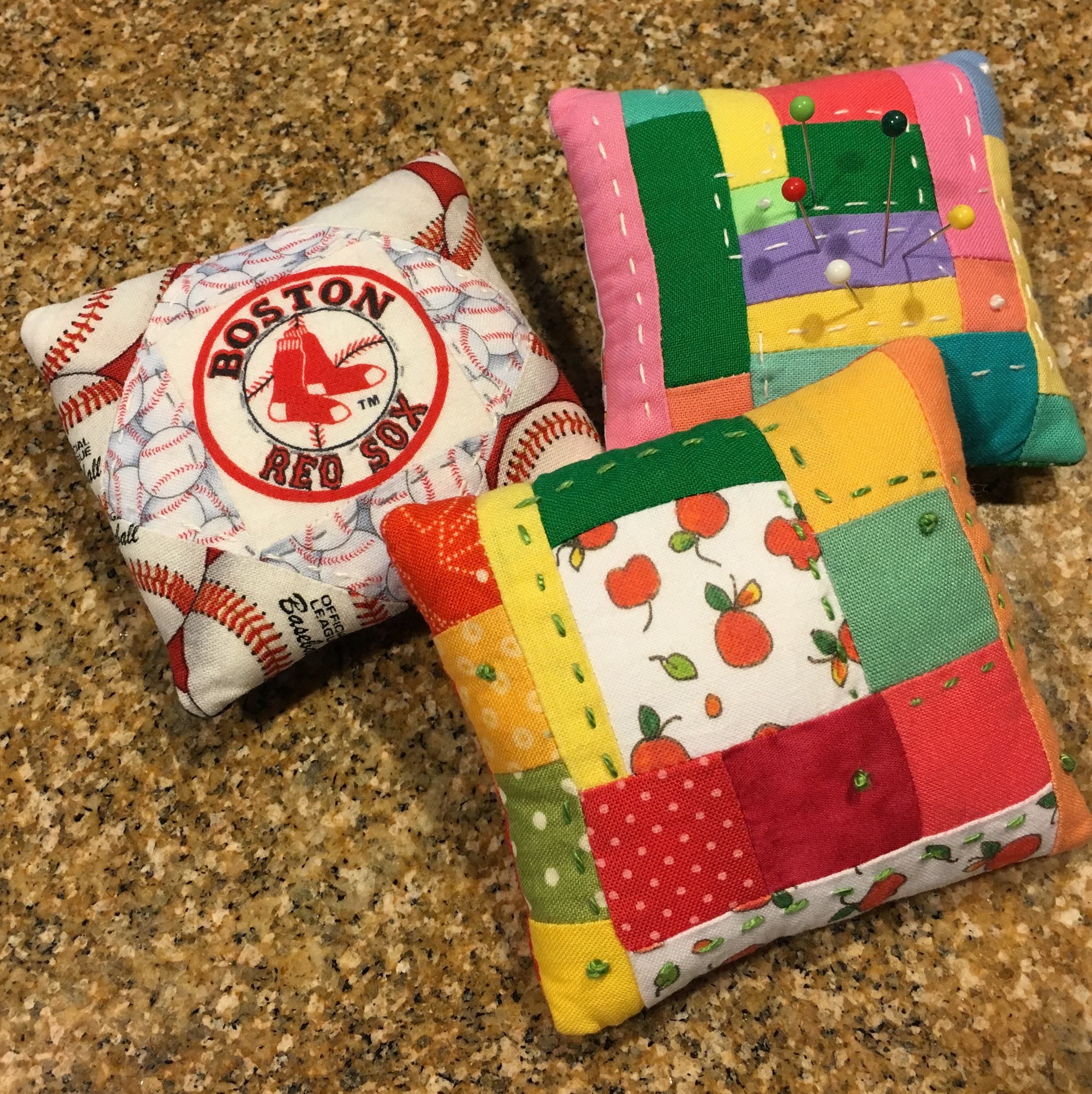 3 Pin Cushions approx 3 1/2 to 4 inches square