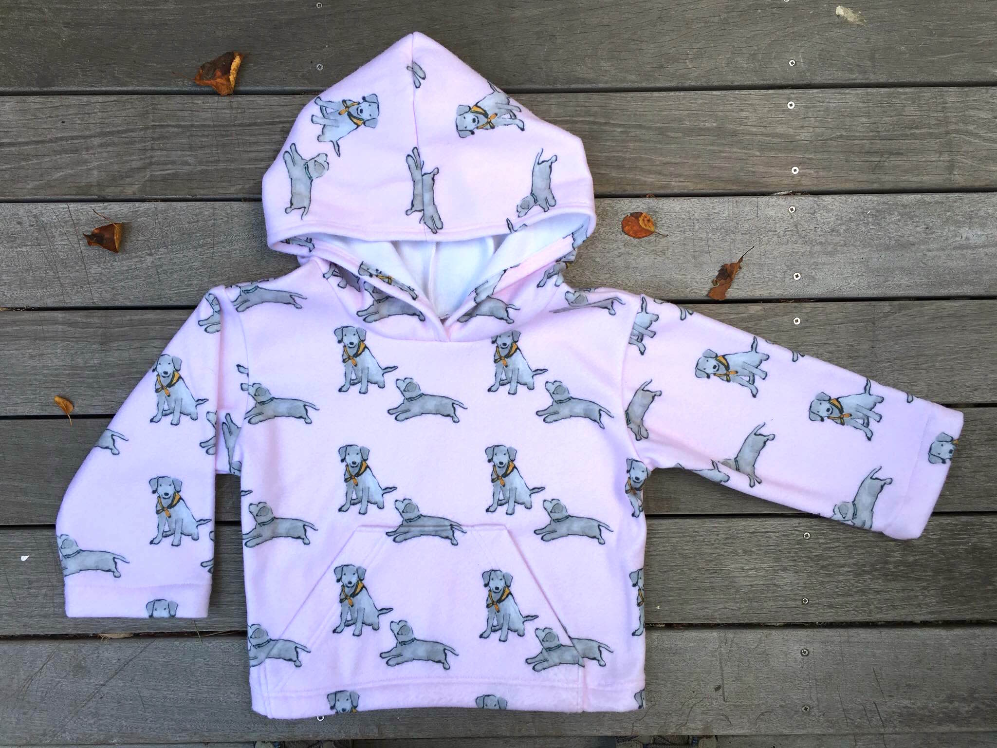 "Yia-Yia's Snuggle Hoodie" made with my Black Lab Puppies Mono Print Fleece fabric