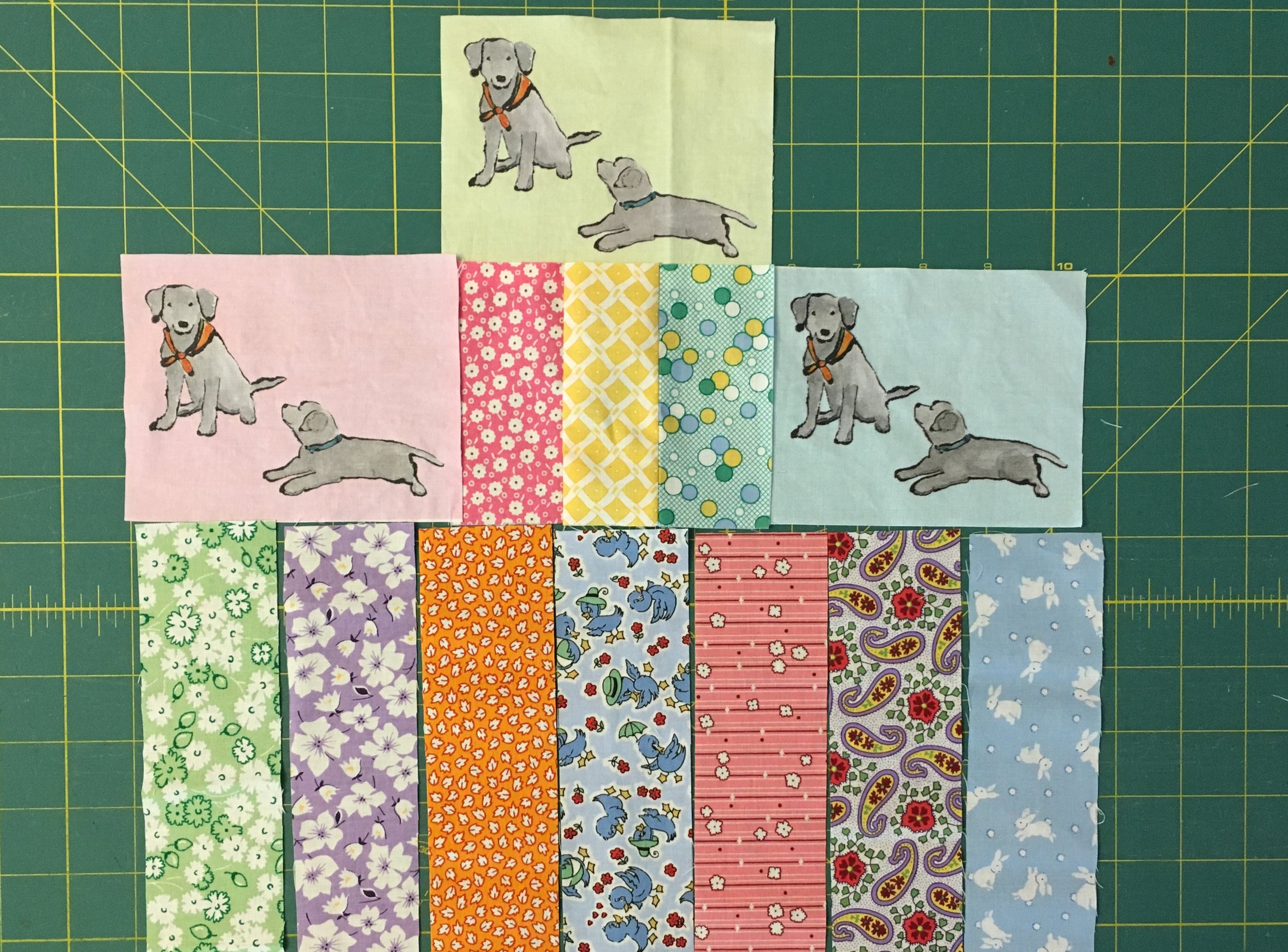 Some of the 1930s feed sack reproduction fabrics for the Lab Puppies Quilt