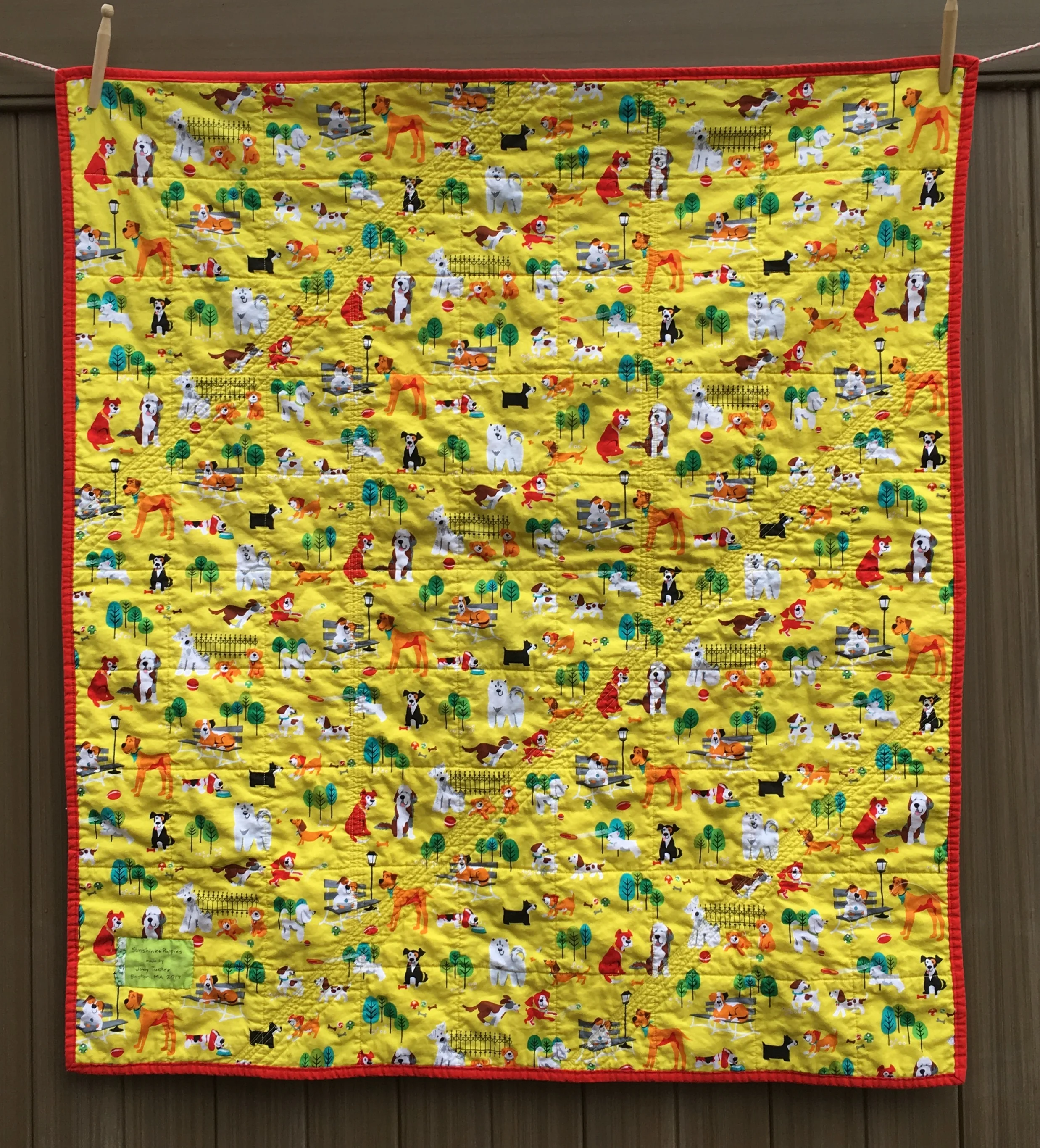 The back of "Dogs + Sunshine" showing the "Dog Park" fabric
