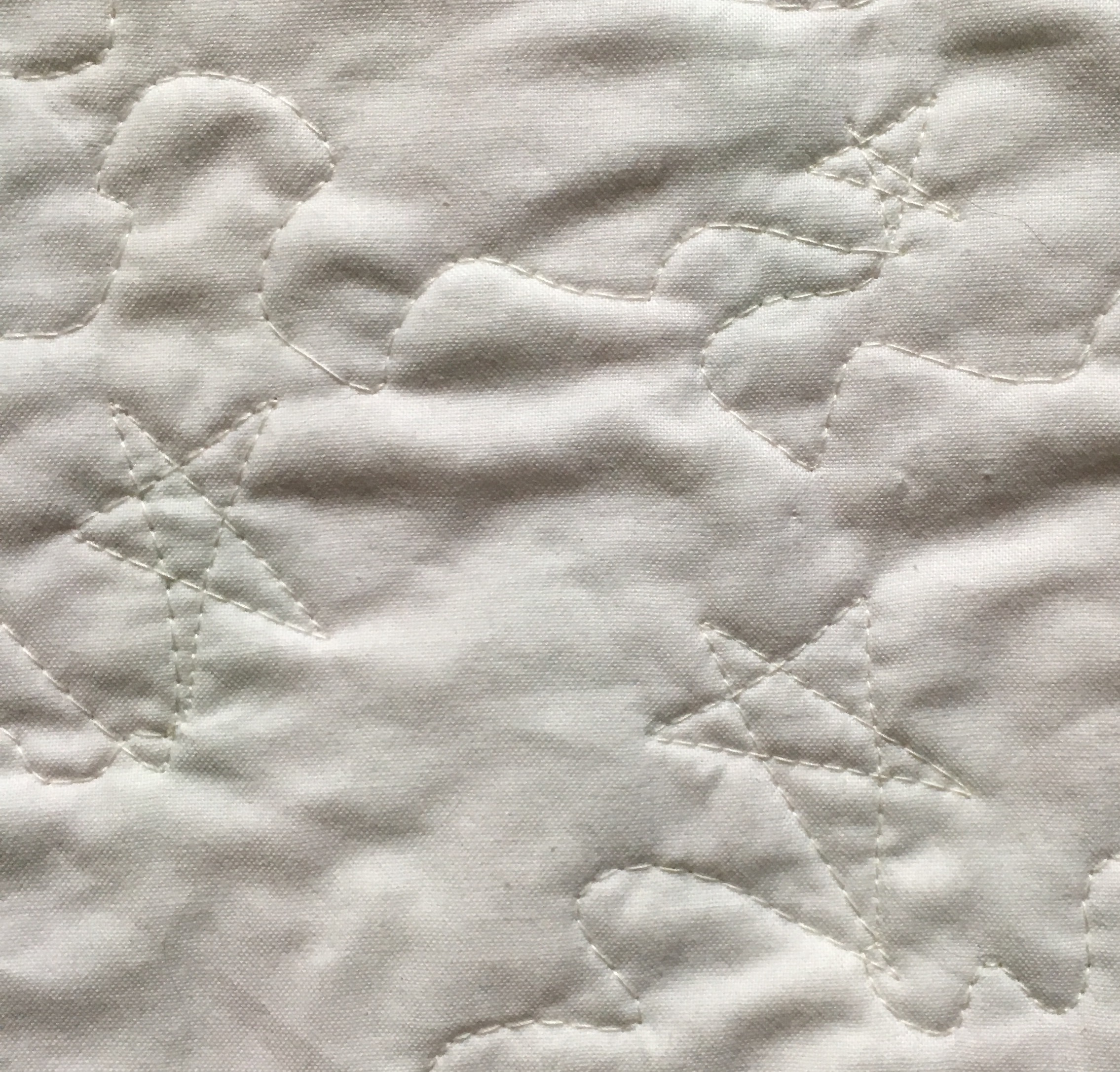 Free motion star quilting in the white connecting blocks.