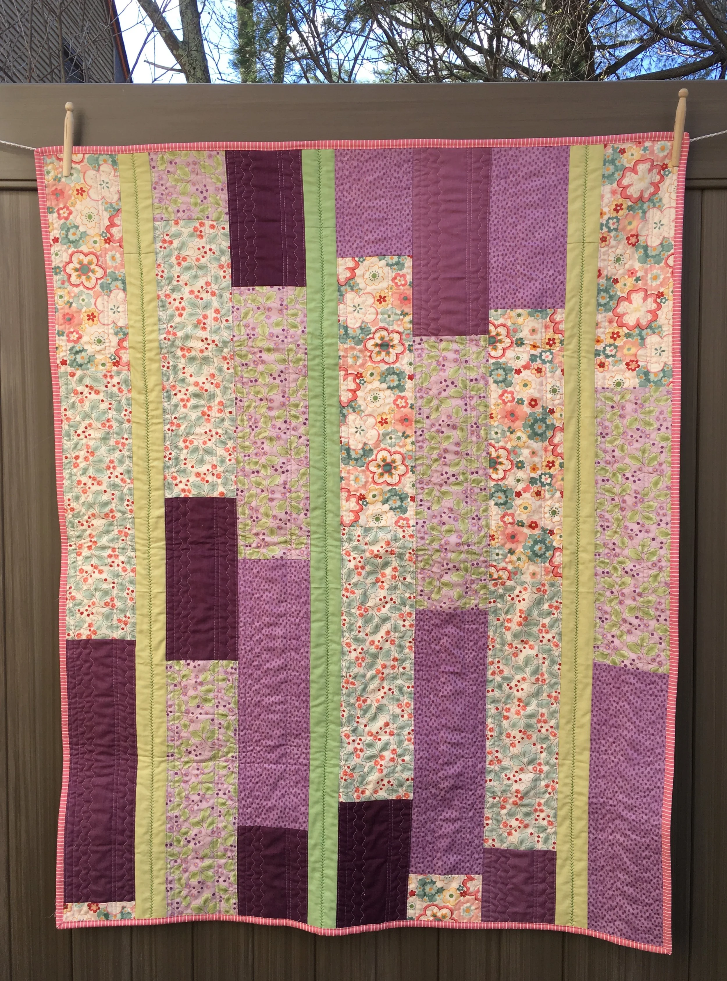Lavender Floral Strip Quilt Variation, approx 42 x 50 inches
